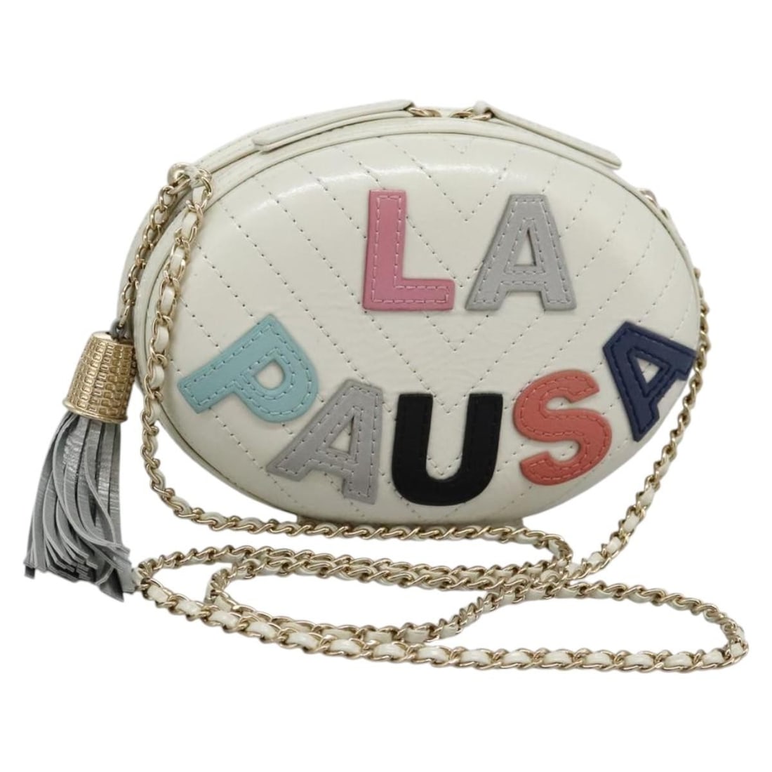 CHANEL La Pausa White Leather V Stitch CC Shoulder Bag: CHANEL La Pausa White Leather V Stitch CC Shoulder Bag Chanel La Pausa V Stitch chain shoulder bag in white leather. This women's shoulder bag has a compact silhouette and includes only the bag shown.