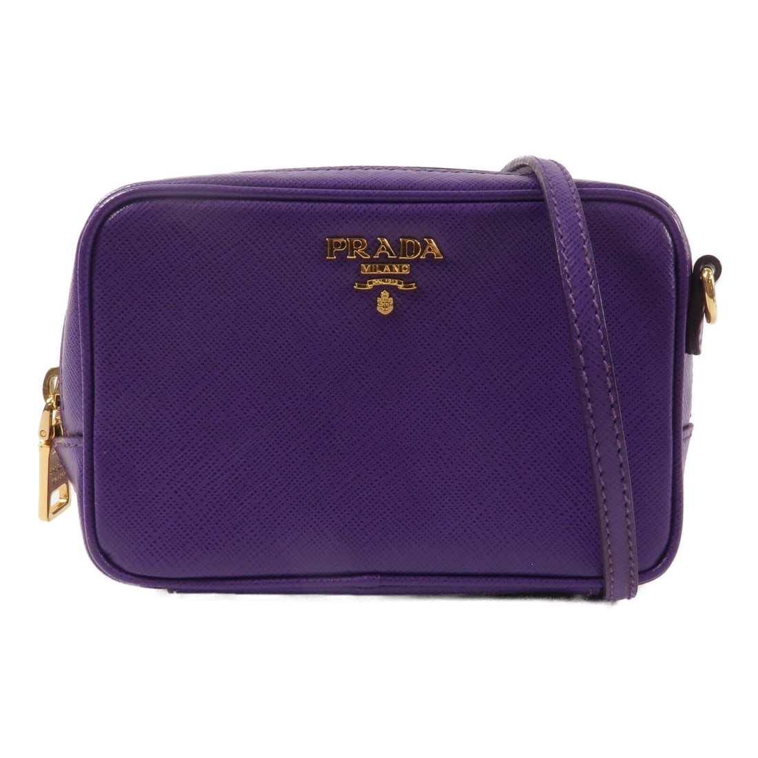 PRADA 1N1674 Purple Saffiano Leather Shoulder Bag: PRADA 1N1674 Purple Saffiano Leather Shoulder Bag Prada shoulder bag in purple Saffiano leather with a compact structured silhouette and gold-tone hardware. The bag features an adjustable shoulder str