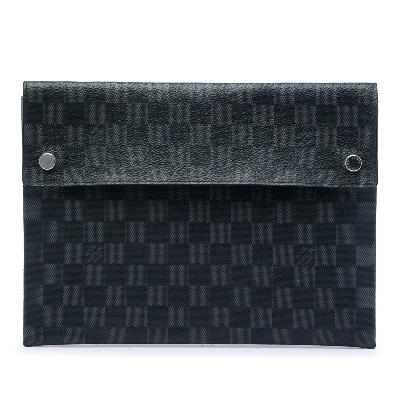 Louis Vuitton Alpha Triple Pochette in Damier Graphite Canvas: Louis Vuitton Alpha Triple Pochette in Damier Graphite Canvas Louis Vuitton Alpha Triple Pochette in Damier Graphite canvas with a front flap and snap button closures. Condition is AB with noted scrat