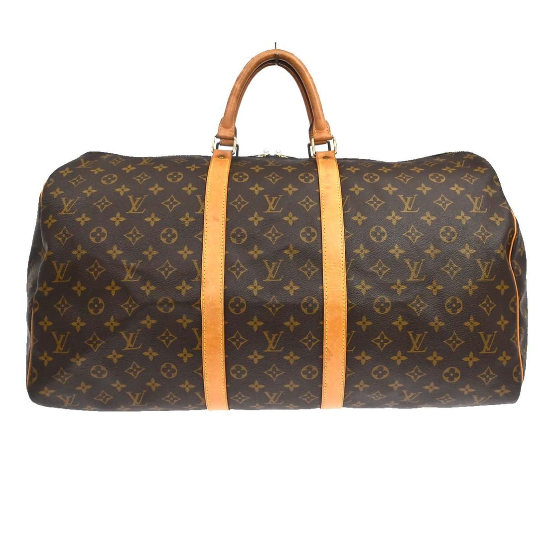 Louis Vuitton Keepall Unisex Brown Canvas Travel Bag: Louis Vuitton Keepall Unisex Brown Canvas Travel Bag Louis Vuitton Keepall in brown monogram canvas. This unisex travel bag is in good condition with visible wear. The exterior shows scuffs, wrinkles,