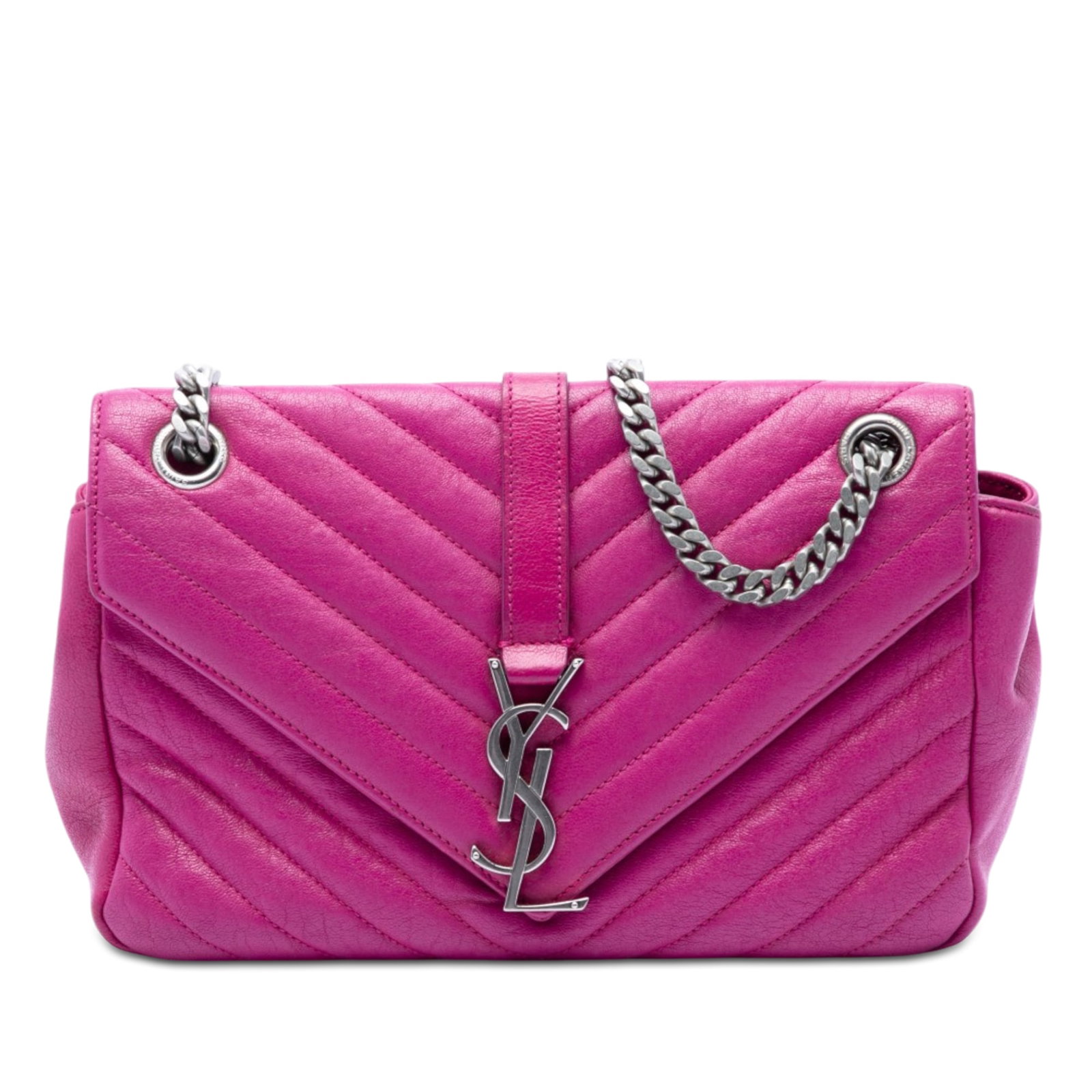 Saint Laurent College Medium Shoulder Bag Pink Chevron Sheepskin: Saint Laurent College Medium Shoulder Bag Pink Chevron Sheepskin Saint Laurent Medium College shoulder bag in pink chevron-quilted sheepskin leather with the Monogram design. This bag features a detac