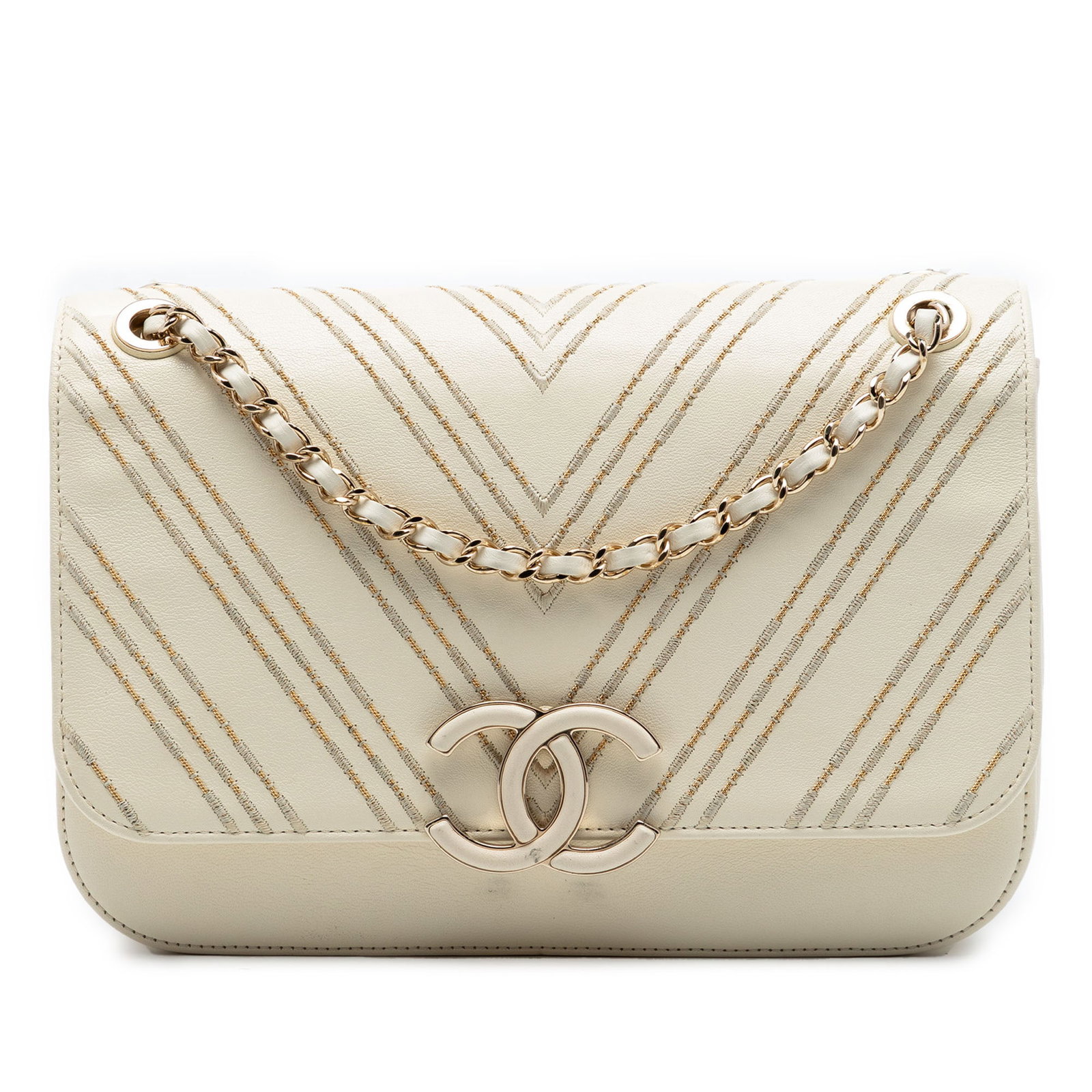 Chanel sheepskin leather crossbody flap bag Chevron model: Chanel sheepskin leather crossbody flap bag Chevron model This Chanel Large Chevron Sheepskin Subtle Flap is a white crossbody bag crafted from sheepskin leather. It features a sliding leather-woven c