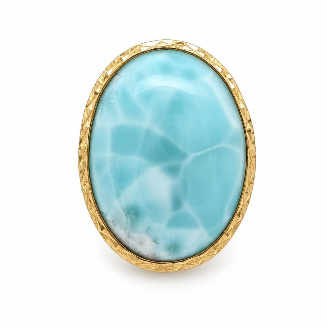 Unbranded 14k Yellow Gold Larimar Cocktail Ring with Bezel Set Oval Cabochon: Unbranded 14k Yellow Gold Larimar Cocktail Ring with Bezel Set Oval Cabochon Large cocktail ring featuring a natural genuine larimar cabochon in a bezel setting with a diamond cut frame. Crafted in so