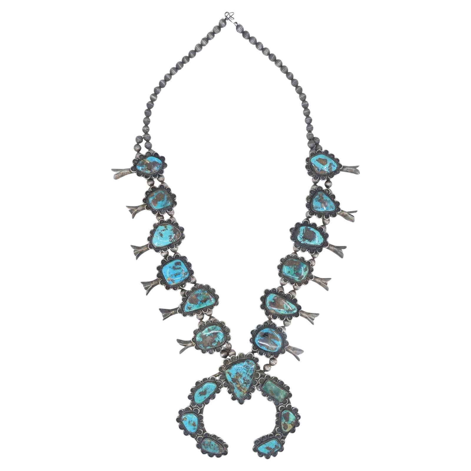 Navajo Turquoise Cabochon Squash Blossom Necklace in Sterling Silver (1 of 8)