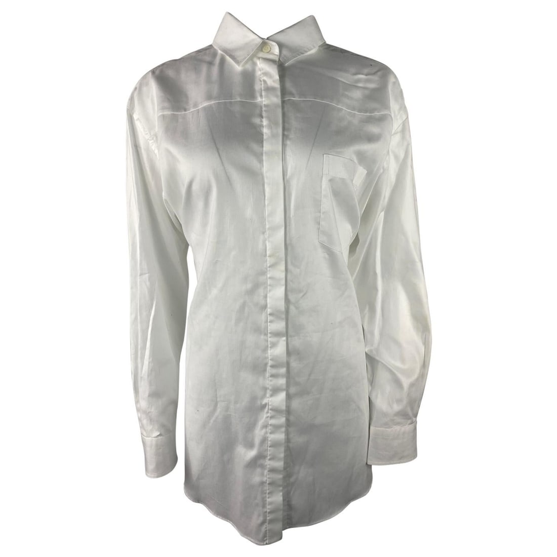 Prada size 40 white cotton blouse with button closures: Prada size 40 white cotton blouse with button closures Prada white cotton button-down shirt blouse with a tailored silhouette and distinctive design detailing. It features front and rear button closur
