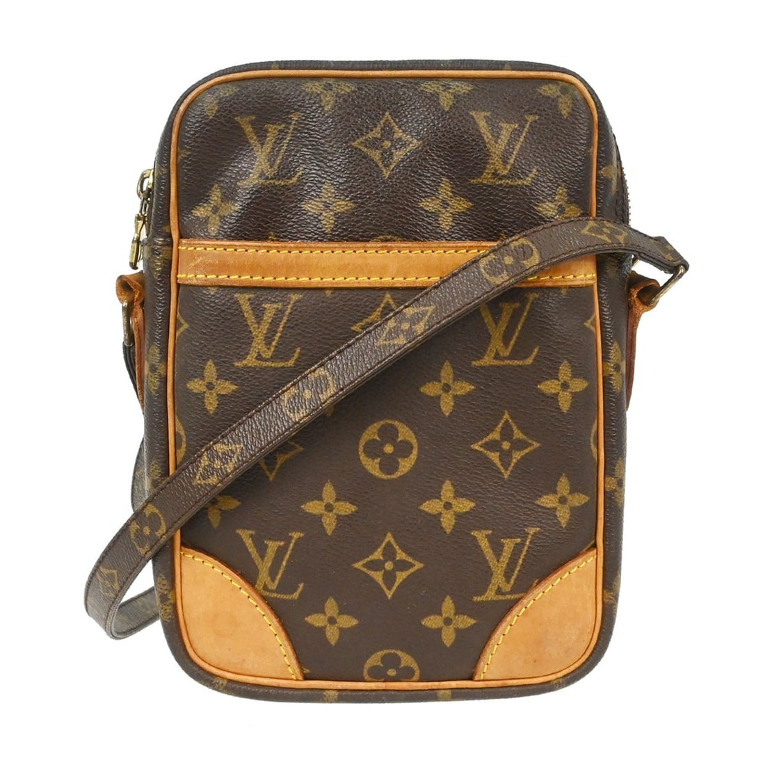 Louis Vuitton Danube Monogram Canvas Crossbody Bag M45266: Louis Vuitton Danube Monogram Canvas Crossbody Bag M45266 Vintage Louis Vuitton Danube crossbody shoulder bag in brown Monogram canvas and leather, made in France. It features a zip closure, gold-tone