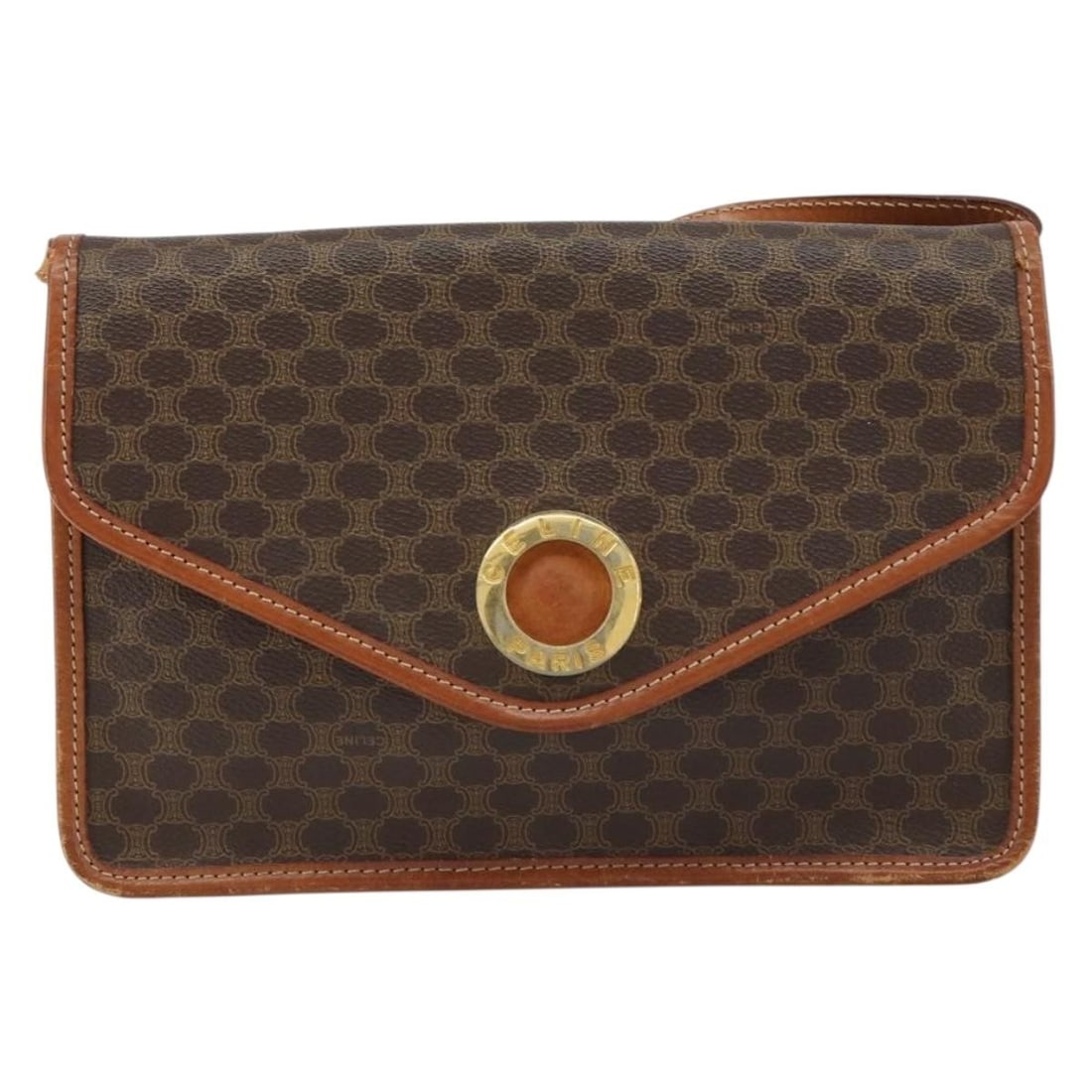 Celine Circle Logo Vintage Macadam Shoulder Bag Brown Canvas: Celine Circle Logo Vintage Macadam Shoulder Bag Brown Canvas Vintage Celine Macadam Circle Logo bag in brown canvas with leather trim. This unisex piece shows honest vintage wear consistent with age a