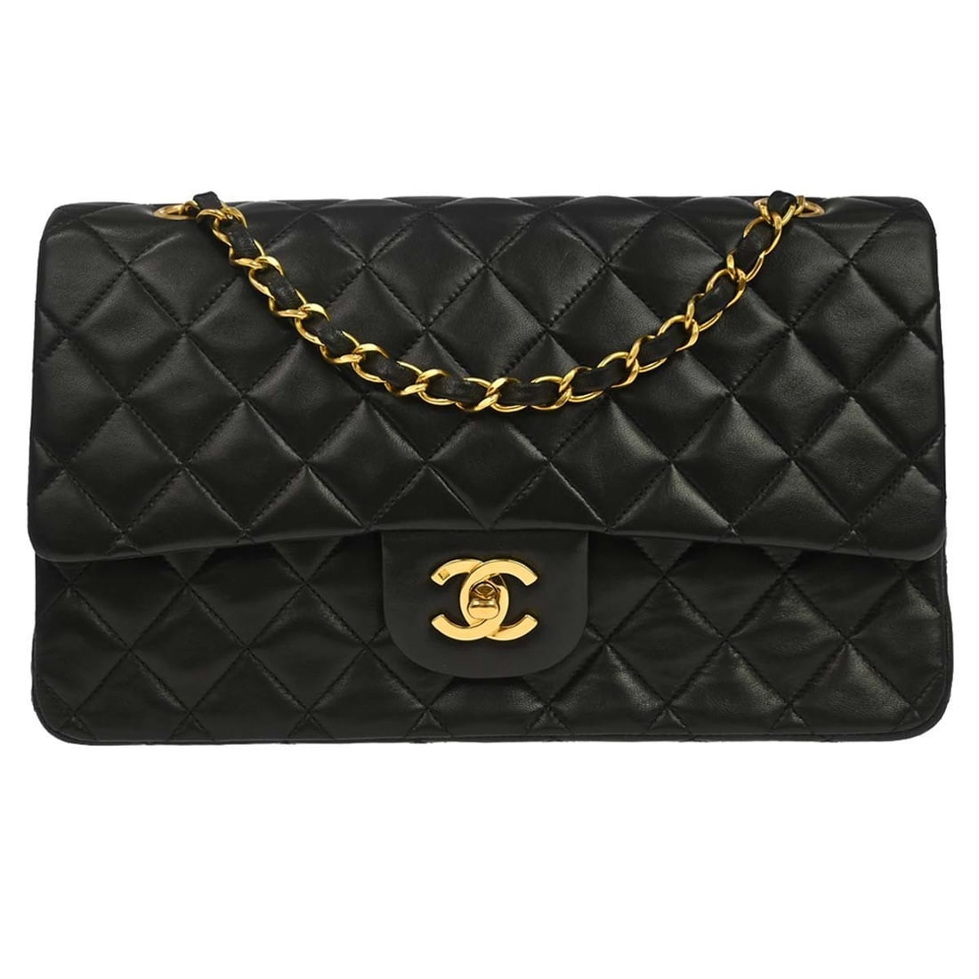 CHANEL Classic Double Flap Medium Shoulder Bag Black Lambskin: CHANEL Classic Double Flap Medium Shoulder Bag Black Lambskin A Chanel Medium Classic Double Flap Shoulder Bag in black lambskin leather, featuring a turn lock closure and shoulder strap styling. It i