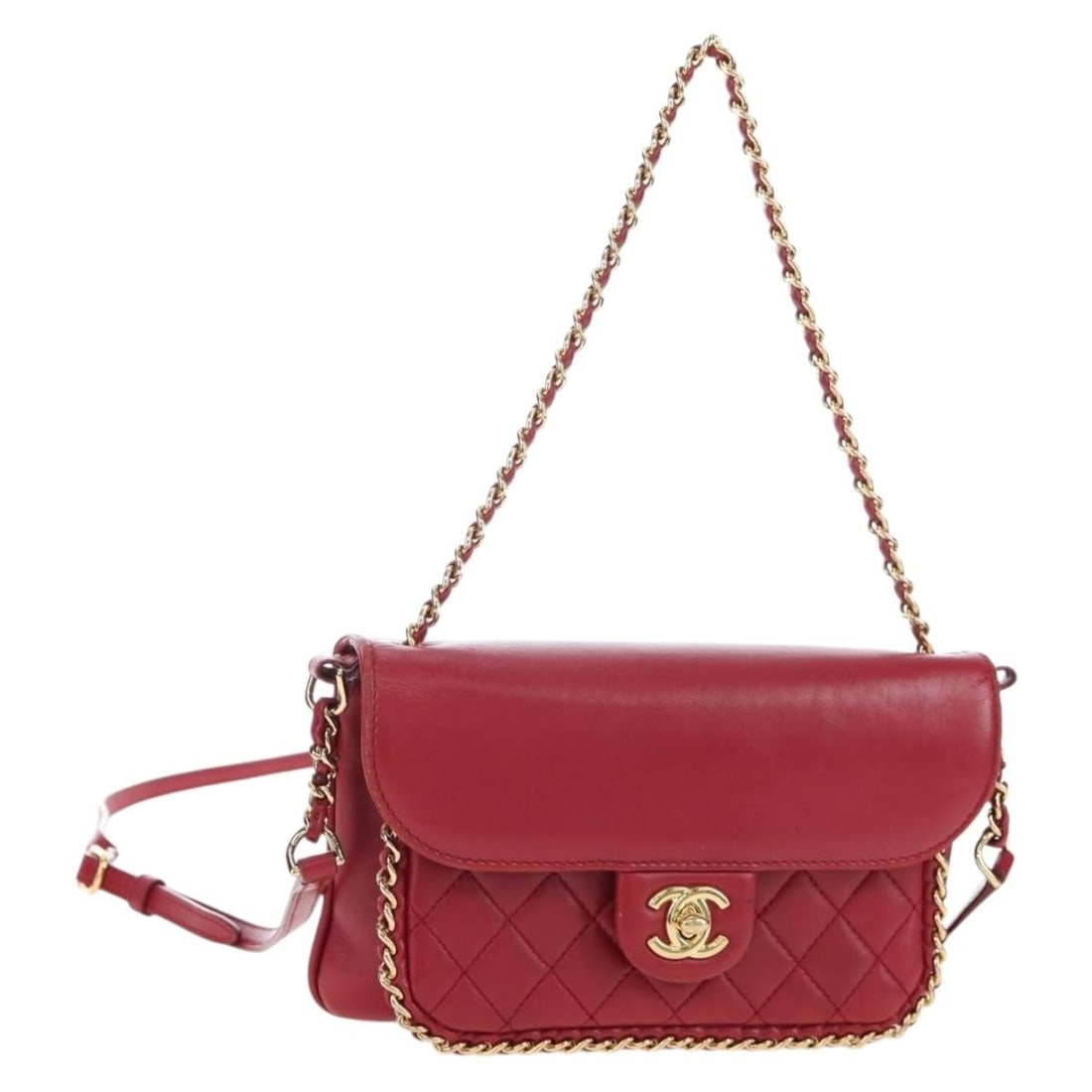 CHANEL Matelasse 20 Mini 2way Shoulder Bag Red Lamb Skin CC: CHANEL Matelasse 20 Mini 2way Shoulder Bag Red Lamb Skin CC Authentic CHANEL Mini Matelasse 20 chain bag in red lamb skin with a 2-way shoulder bag design and gold-tone accents. Includes the guarantee