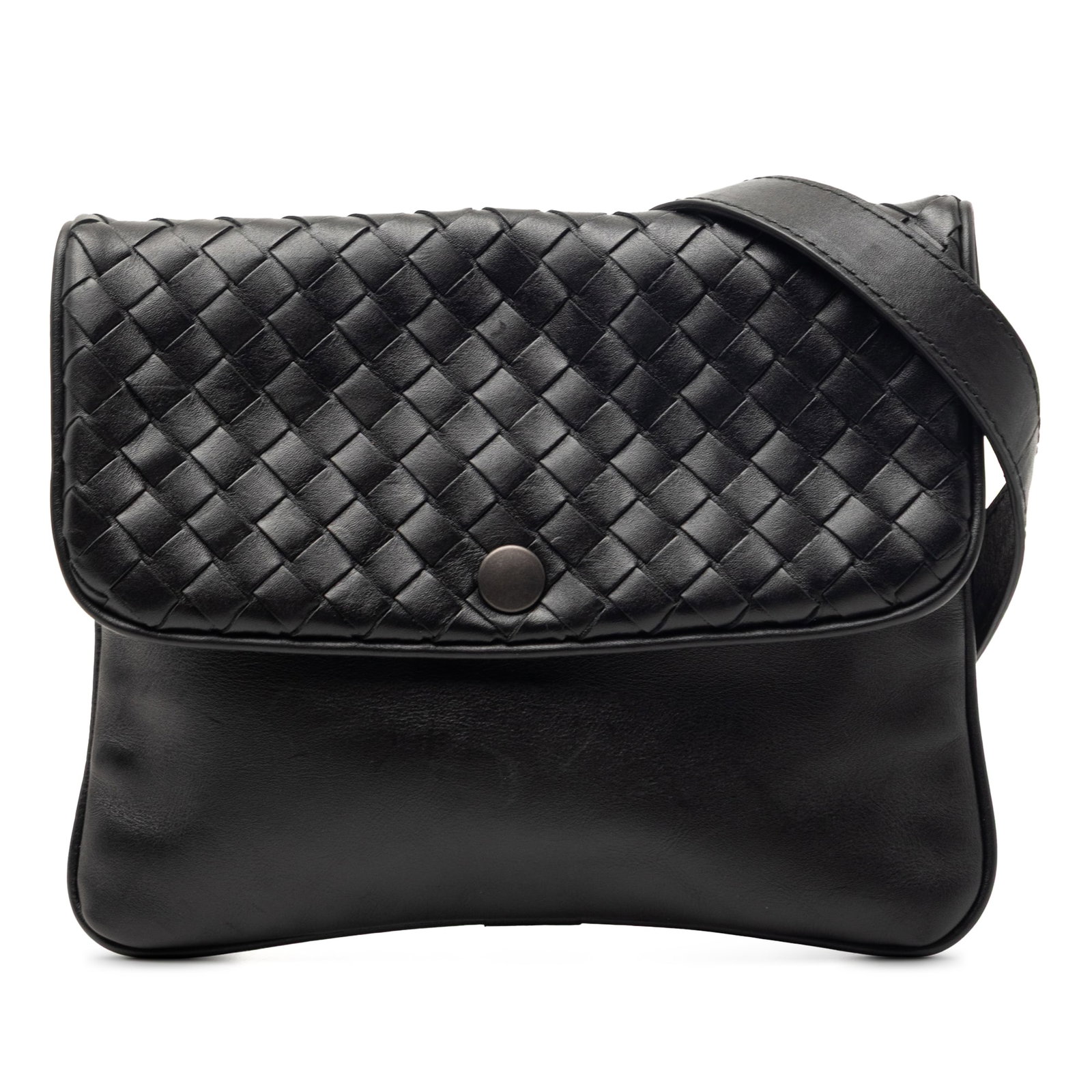 Bottega Veneta Black Nappa Leather Intrecciato Trimmed Crossbody Bag: Bottega Veneta Black Nappa Leather Intrecciato Trimmed Crossbody Bag This Bottega Veneta Intrecciato Trimmed Nappa Crossbody features a nappa leather body with the signature intrecciato trim, a flat l