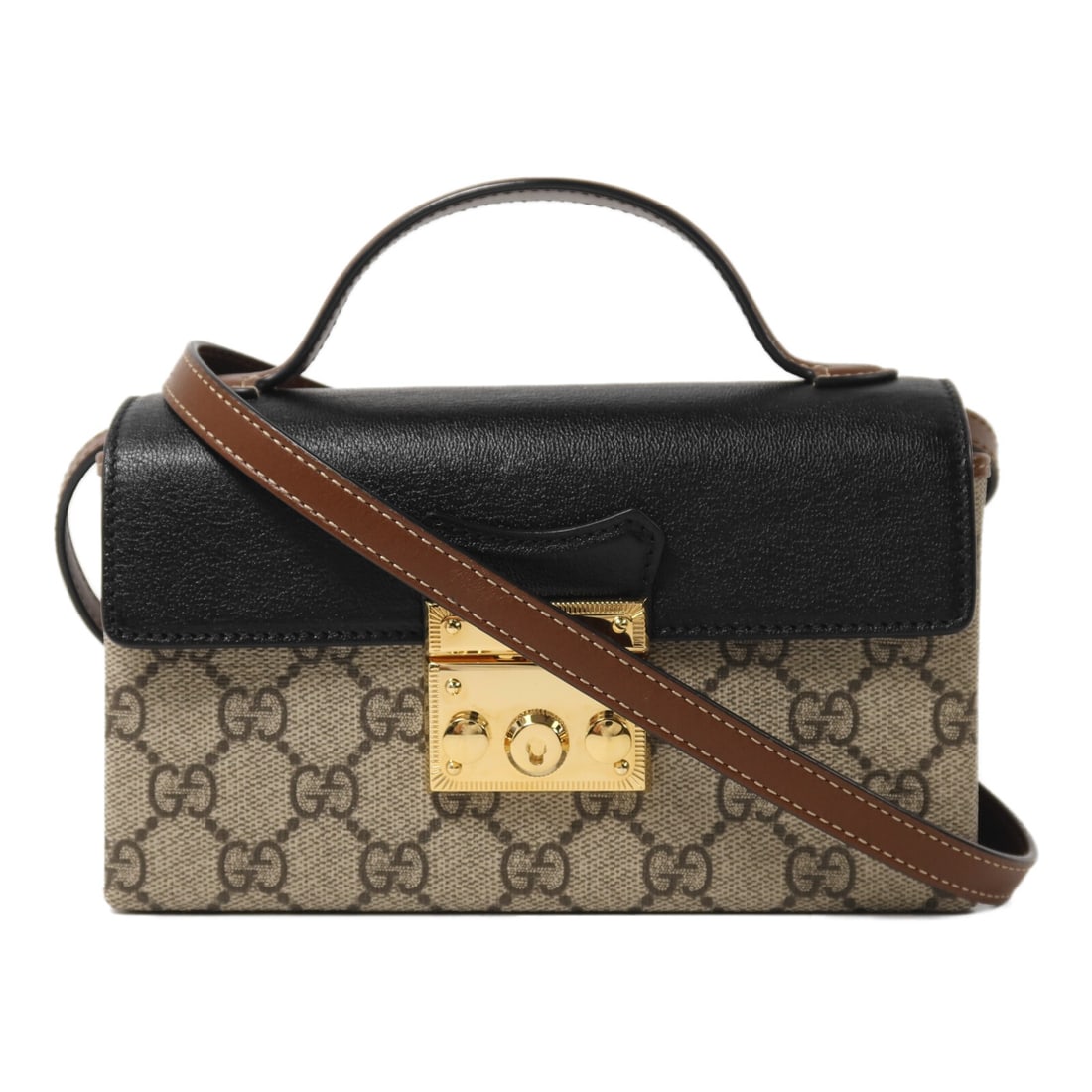 GUCCI PadLock Mini 2 Way Shoulder Bag 652683 GG Coated Canvas Brown Black: GUCCI PadLock Mini 2 Way Shoulder Bag 652683 GG Coated Canvas Brown Black GUCCI GG GHW PadLock Mini 2 Way Shoulder Bag, model 652683, in brown and black PVC coated canvas. This women's regular-size ba