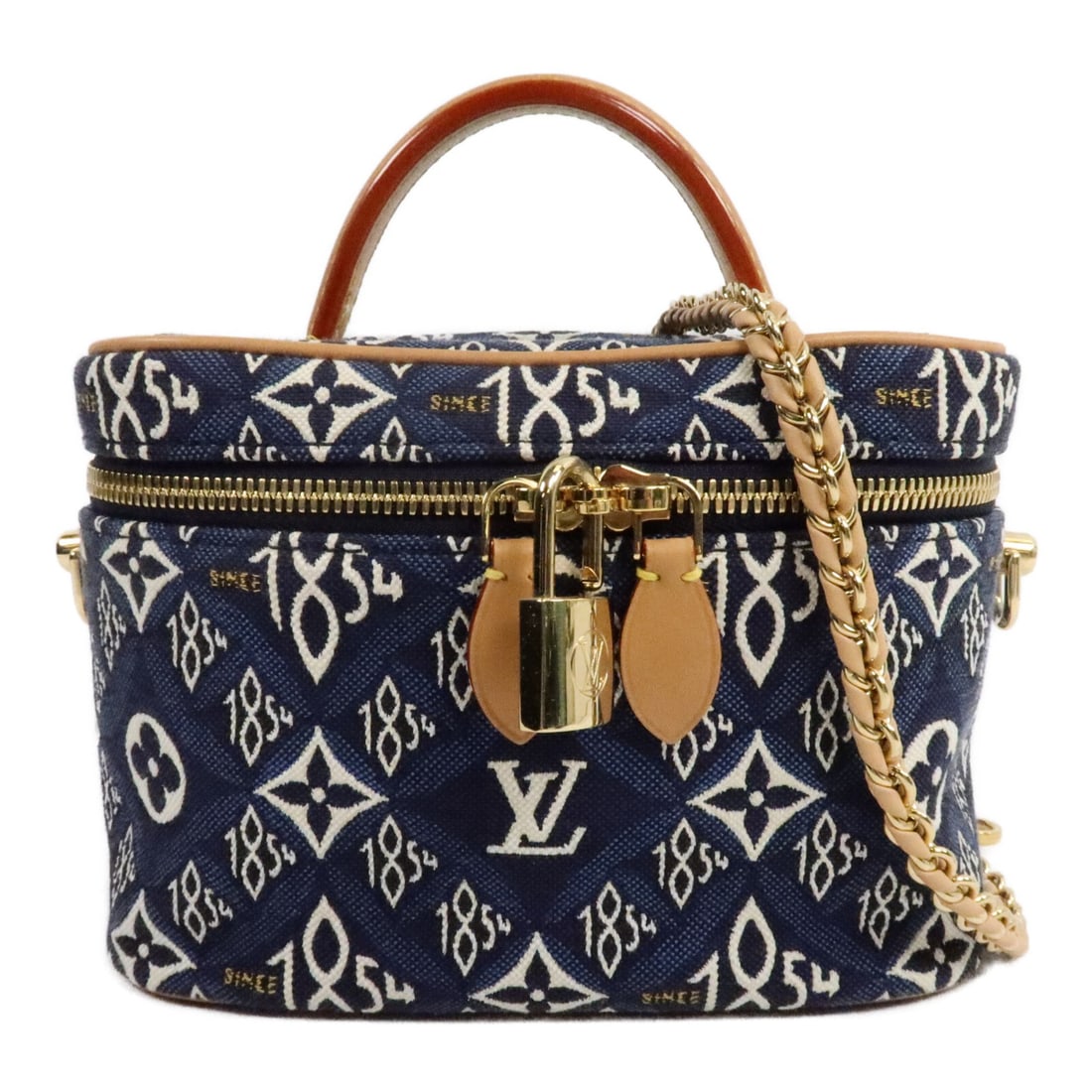 Louis Vuitton Since 1854 Vanity PM 2 Way Monogram Jacquard Bag M57403: Louis Vuitton Since 1854 Vanity PM 2 Way Monogram Jacquard Bag M57403 Louis Vuitton Vanity PM 2 Way Bag in BluexBlue, made from Monogram / Jacquard x canvas. Model M57403. It features a fastener pocke