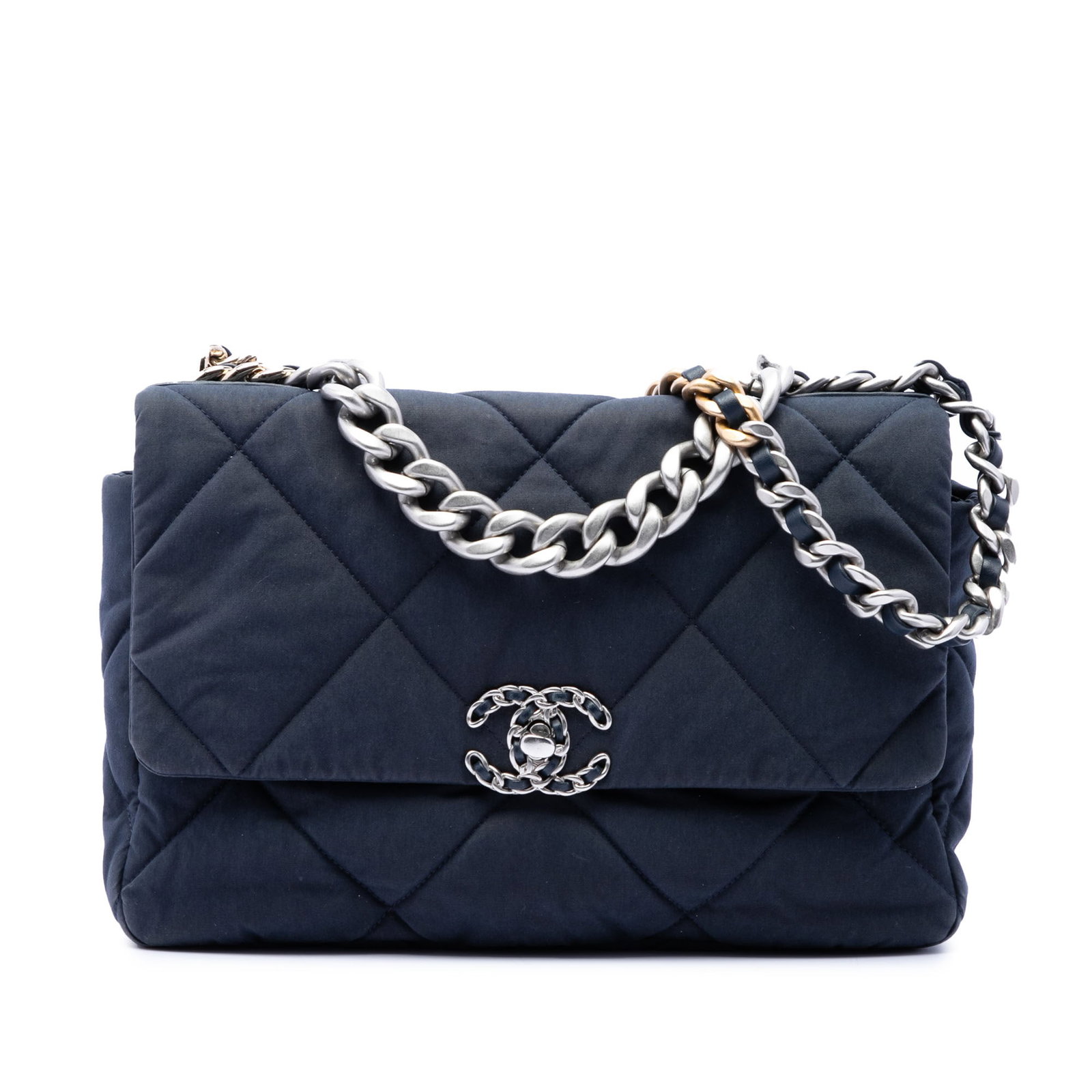 Chanel 19 Large Flap Bag Blue Quilted Canvas: Chanel 19 Large Flap Bag Blue Quilted Canvas This Chanel 19 Flap bag is crafted in quilted canvas with a front flap featuring interlocking Cs and a twist lock closure. The design includes a chain-link