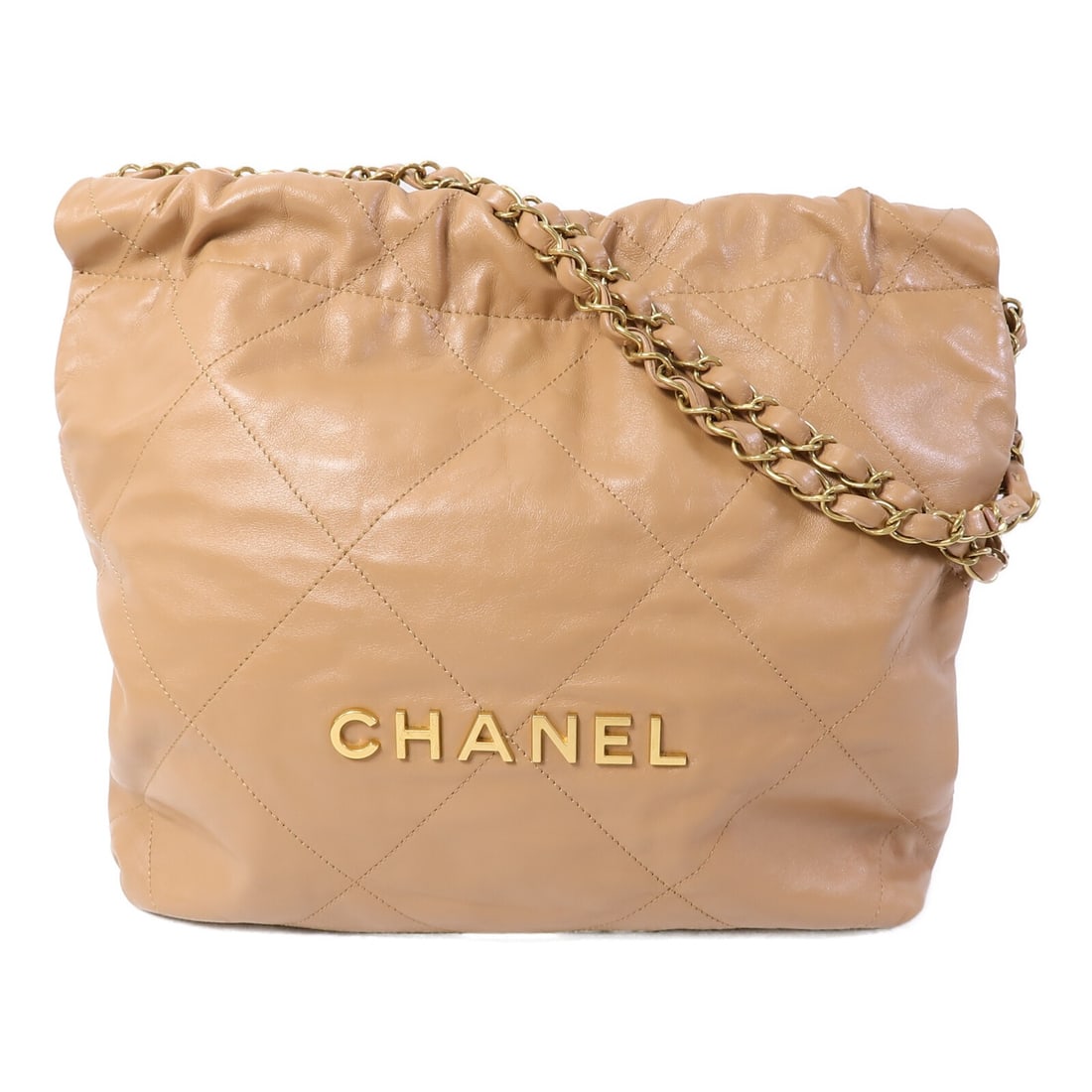 CHANEL Chanel 22 AS3260 Small Beige Calfskin Chain Shoulder Bag: CHANEL Chanel 22 AS3260 Small Beige Calfskin Chain Shoulder Bag This CHANEL Chanel 22 Small Chain Shoulder Bag is crafted from beige calfskin (cowhide) leather and features gold-tone hardware. It is a