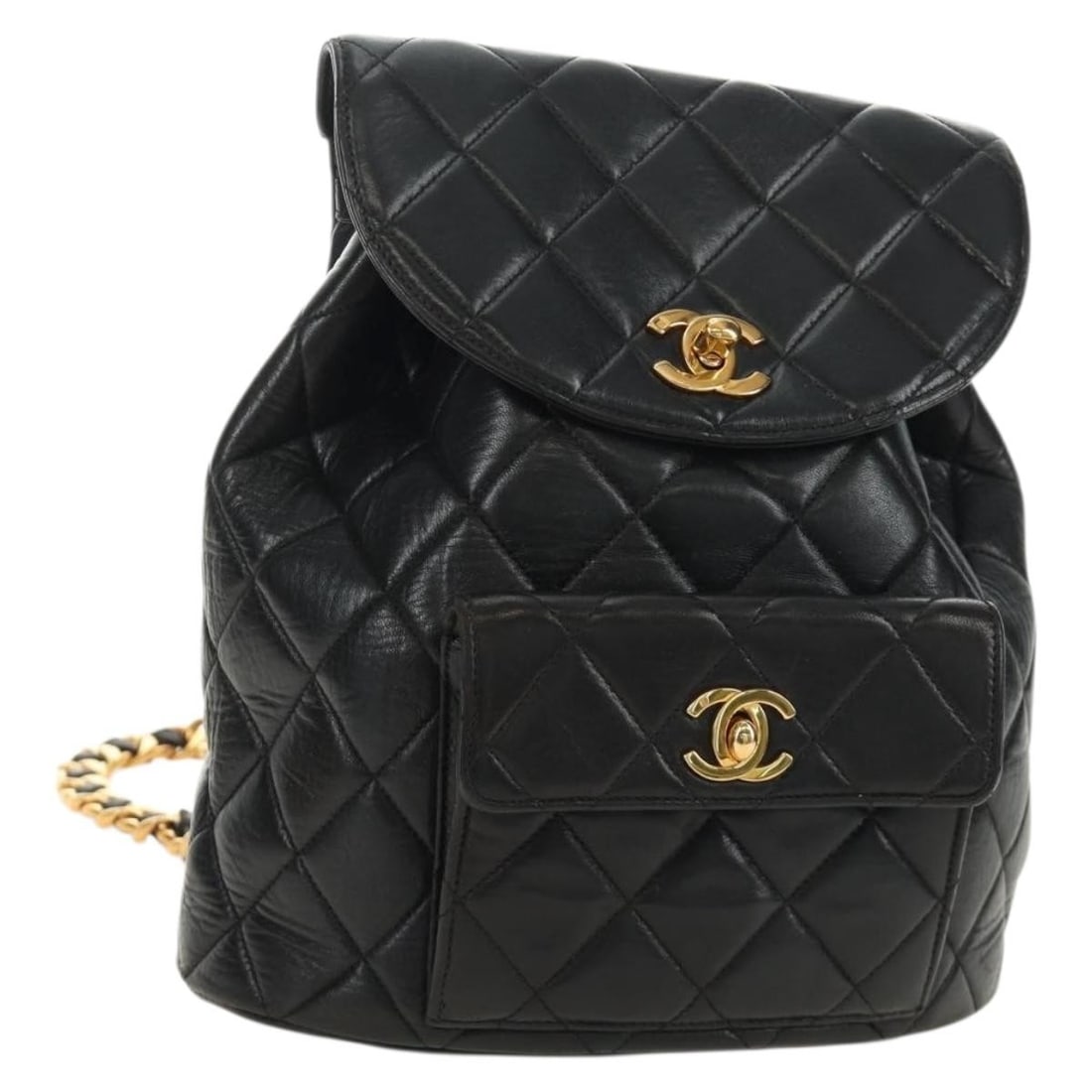 CHANEL Matelasse Lamb Skin Backpack Black Gold Chain CC: CHANEL Matelasse Lamb Skin Backpack Black Gold Chain CC CHANEL Matelasse chain backpack in lamb skin with a gold and black colorway. Made in France, this women's backpack is offered as photographed an