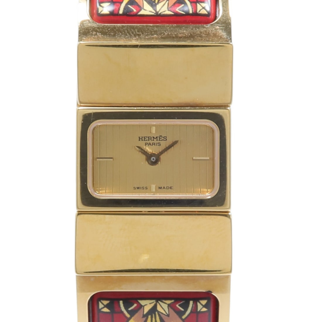 Hermes Loquet L01.210 Ladies Quartz Wristwatch Gold Plated Enamel Red: Hermes Loquet L01.210 Ladies Quartz Wristwatch Gold Plated Enamel Red Hermes Loquet wristwatch for women with quartz movement and a gold-tone look in gold plated metal and enamel. This model features 