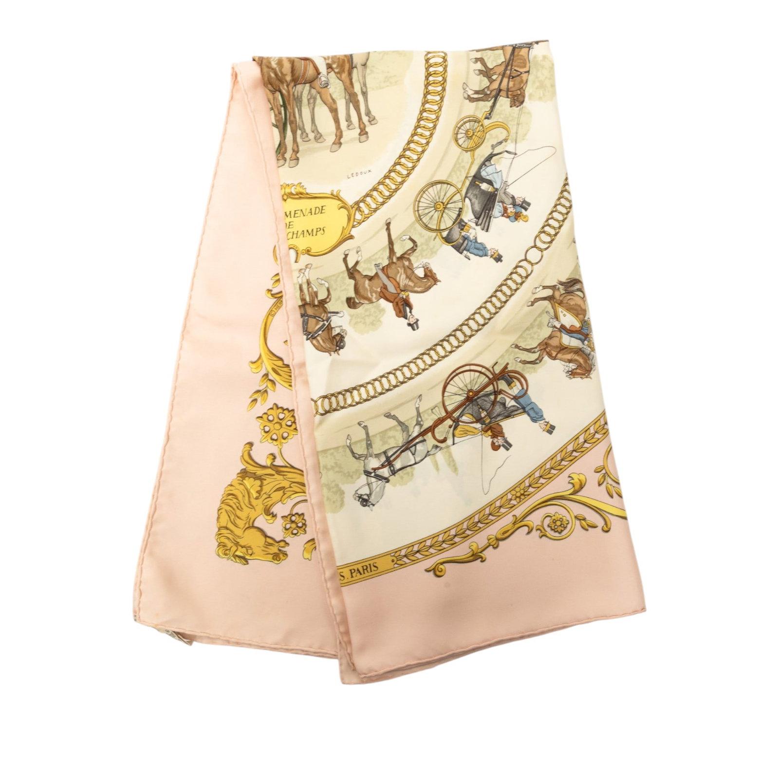 Hermes La Promenade de Longchamps 90 Pink Silk Scarf: Hermes La Promenade de Longchamps 90 Pink Silk Scarf Hermes La Promenade de Longchamps Silk Scarf 90 in pink with a printed silk design. Made in France, this accessory shows visible wear including sta