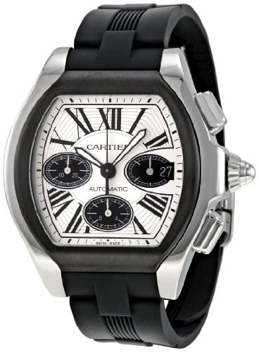 Cartier Roadster mens watch white Roman dial black rubber strap RW6206020: Cartier Roadster mens watch white Roman dial black rubber strap RW6206020 Cartier Roadster wristwatch featuring a white Roman dial, black ceramic bezel, and black rubber band. Specifications Gender: M
