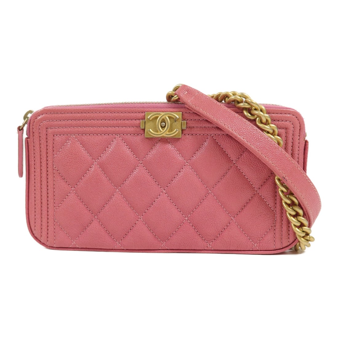 CHANEL Boy Double Zip WOC Pink Calfskin Shoulder Bag GHW: CHANEL Boy Double Zip WOC Pink Calfskin Shoulder Bag GHW CHANEL Boy Double Zip WOC shoulder bag in pink calfskin leather with CC GHW styling. This women's shoulder bag features a double-zip wallet-on-