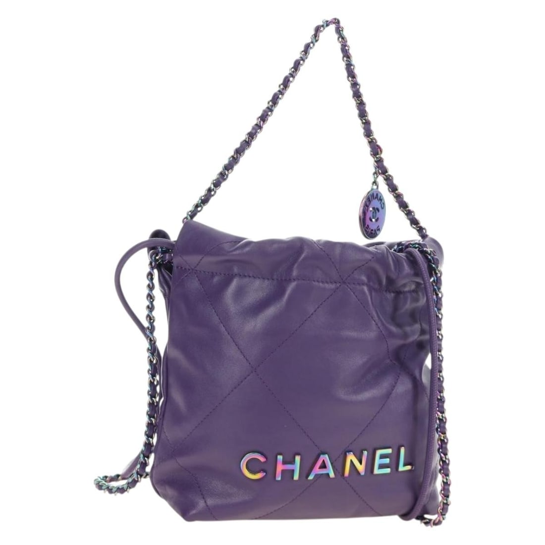 CHANEL 22 Mini Purple Leather 2way Shoulder Bag CC: CHANEL 22 Mini Purple Leather 2way Shoulder Bag CC CHANEL Chanel 22 Mini Matelasse chain bag in purple leather with a 2-way design. Made in Italy, this women's shoulder bag is offered without the orig