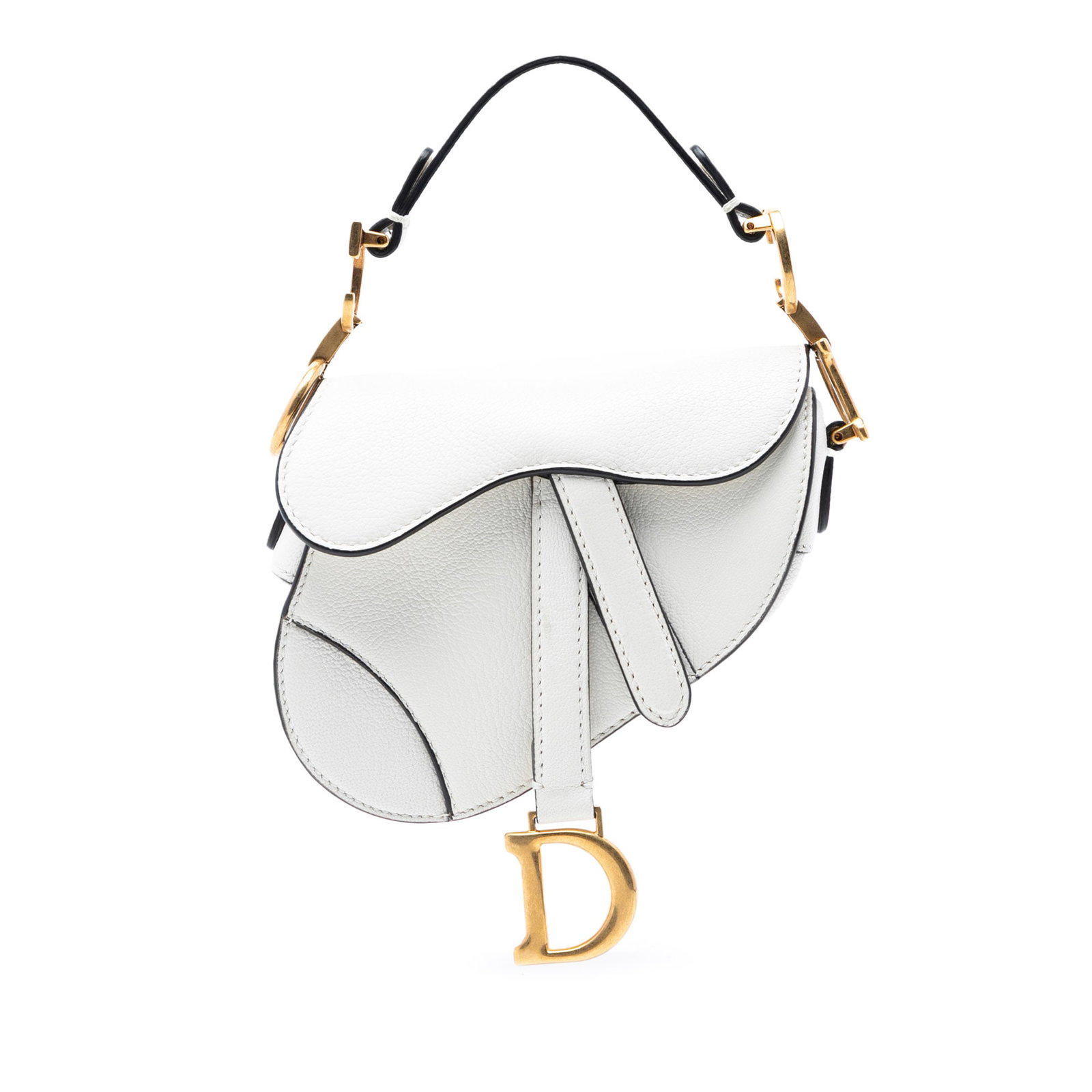 Dior Micro Saddle Bag in White Goatskin Leather: Dior Micro Saddle Bag in White Goatskin Leather This Dior Micro Goatskin Saddle Bag features a white goatskin leather body, a flat leather handle, and a front flap with magnetic snap closure. The bag 