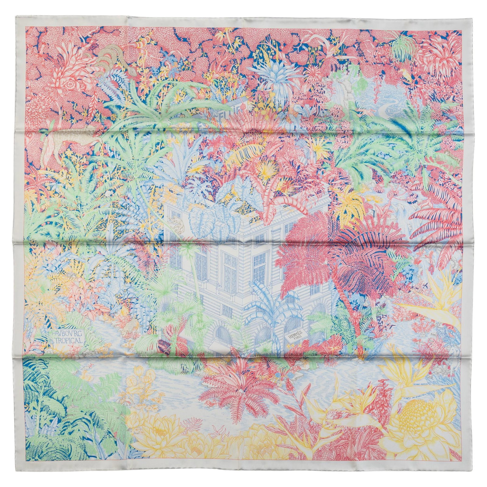 Hermes Tropical Garden pastel silk scarf 35 inch with original box: Hermes Tropical Garden pastel silk scarf 35 inch with original box This Hermes Tropical Garden silk scarf features a pastel color palette and hand-rolled edges. Crafted in France, it is an un-used pie