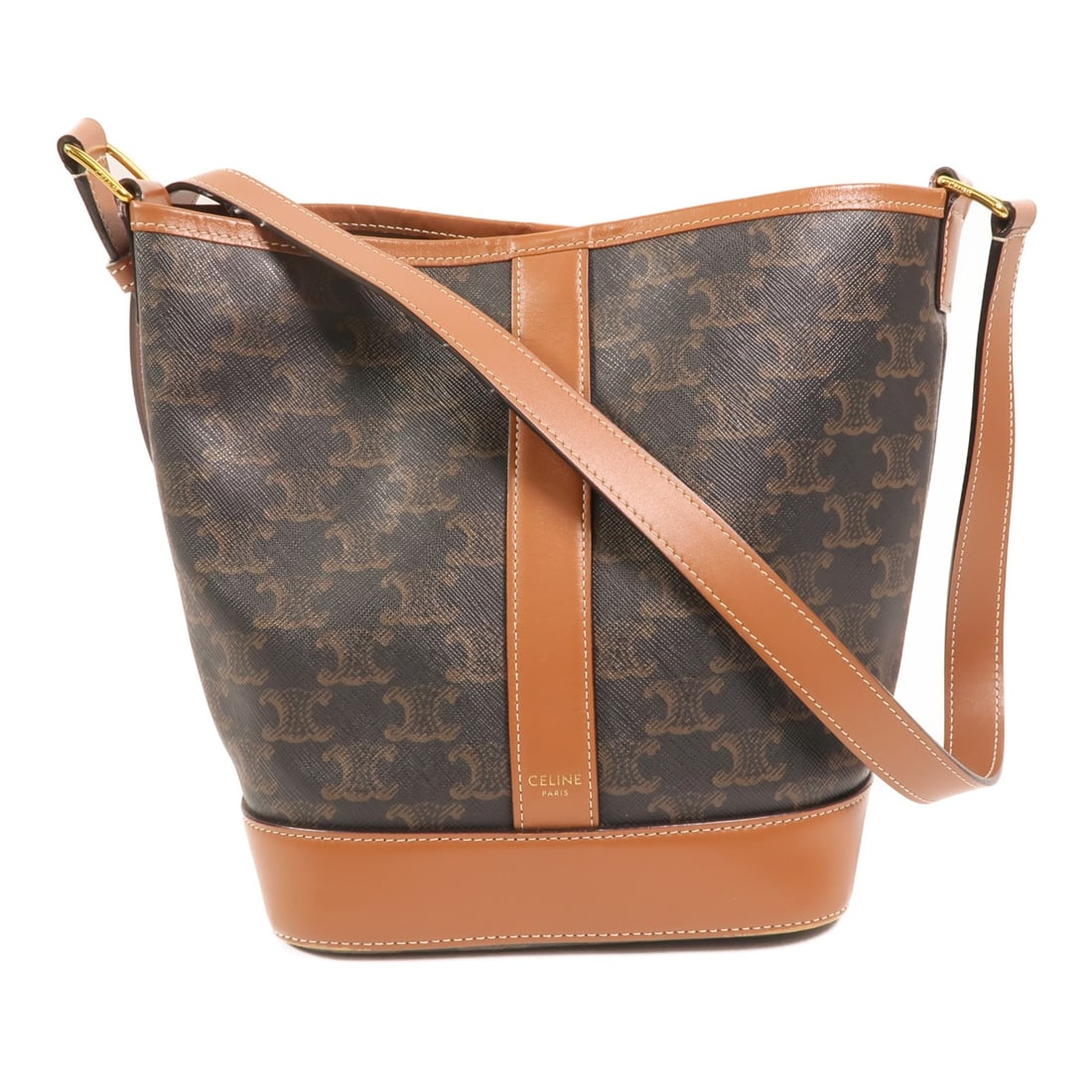 CELINE Triomphe Small Bucket Shoulder Bag Brown PVC Coated Canvas: CELINE Triomphe Small Bucket Shoulder Bag Brown PVC Coated Canvas Celine Triomphe small bucket shoulder bag in brown PVC coated canvas with a shoulder strap and hook button closure. This women's shoul