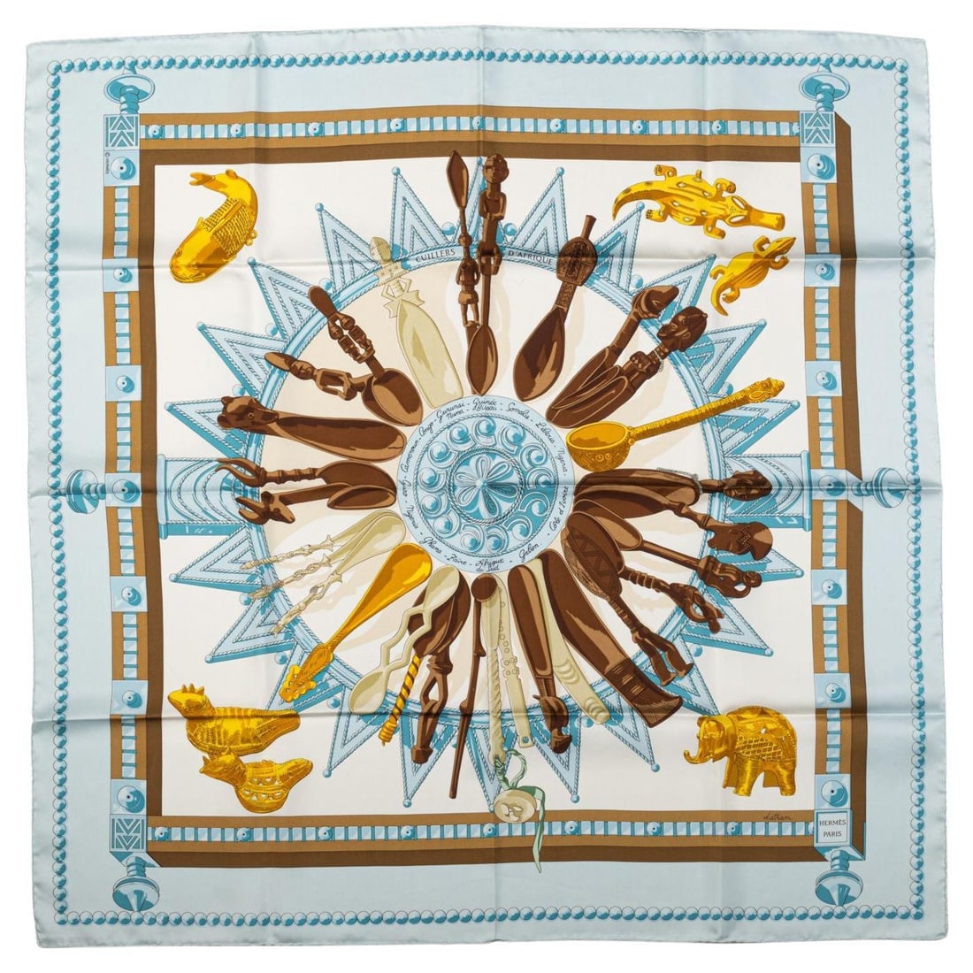Hermes Cuillers d'Afrique Latham Silk Scarf 35 in France: Hermes Cuillers d'Afrique Latham Silk Scarf 35 in France Experience the elegance of the Hermes Cuillers d'Afrique Scarf, designed by Latham. This exquisite light blue silk scarf features a stunning pa