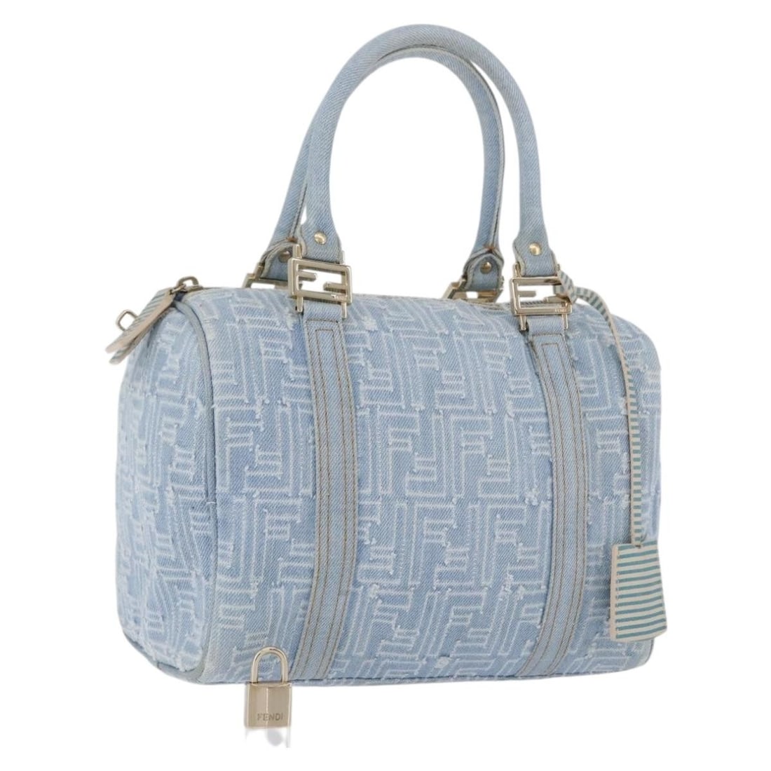 Fendi Zucca Canvas Boston Bag Light Blue with Padlock Keys Clochette: Fendi Zucca Canvas Boston Bag Light Blue with Padlock Keys Clochette FENDI Boston bag crafted in Zucca Canvas with a light blue and gold exterior. Made in Italy, this women's bag measures approximatel