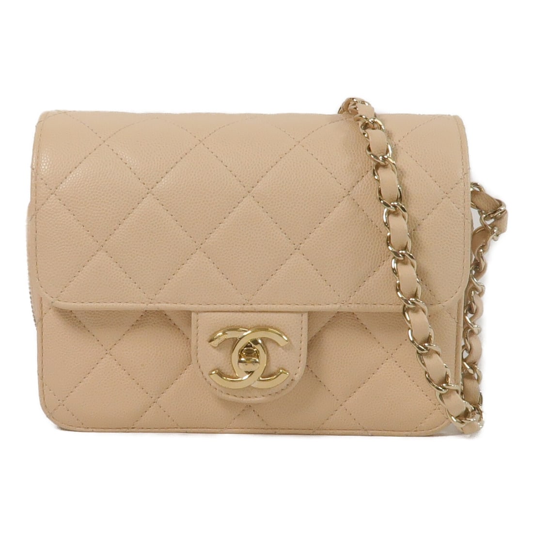 CHANEL AS3002 Mini Flap Shoulder Bag Pink Peach Calfskin: CHANEL AS3002 Mini Flap Shoulder Bag Pink Peach Calfskin Mini flap shoulder bag in peach pink calfskin leather with a chain strap and CC turn-lock closure. This women's bag shows reasonable wear and t