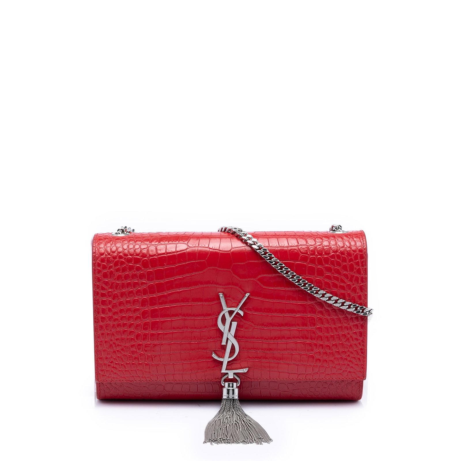 Saint Laurent Kate red embossed leather tassel crossbody bag: Saint Laurent Kate red embossed leather tassel crossbody bag This Saint Laurent Medium Croc Embossed Leather Kate Tassel Crossbody bag features a red embossed leather exterior with a distinctive tasse