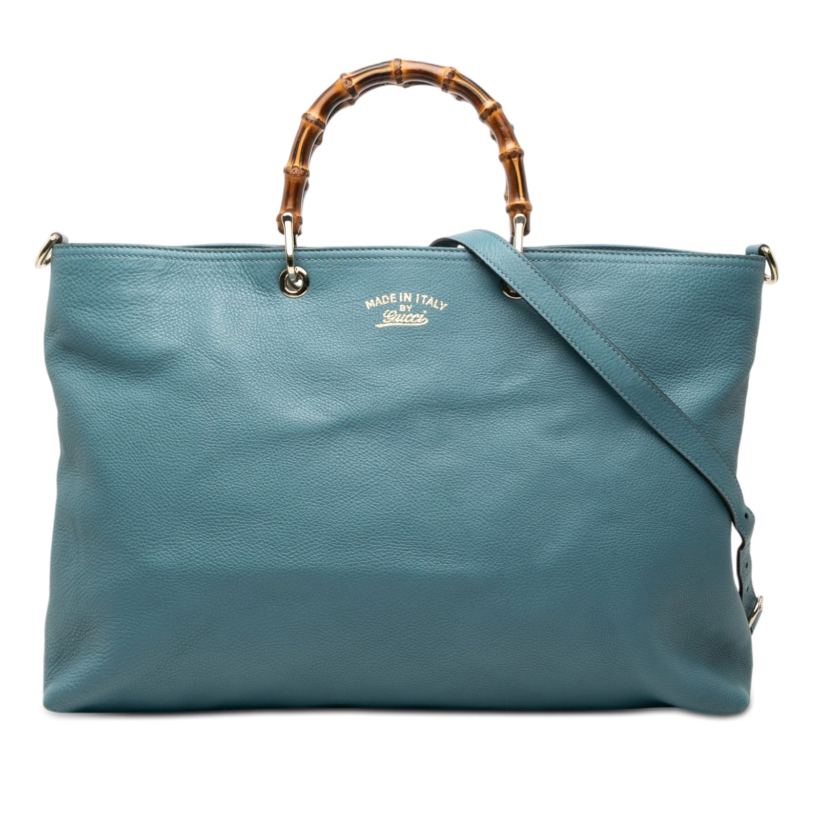 Blue Leather Bamboo Handle Large Shopper Satchel by Gucci: Blue Leather Bamboo Handle Large Shopper Satchel by Gucci This Gucci Large Calfskin Bamboo Shopper Satchel features a blue leather body, distinctive bamboo handles, and a detachable leather strap. The