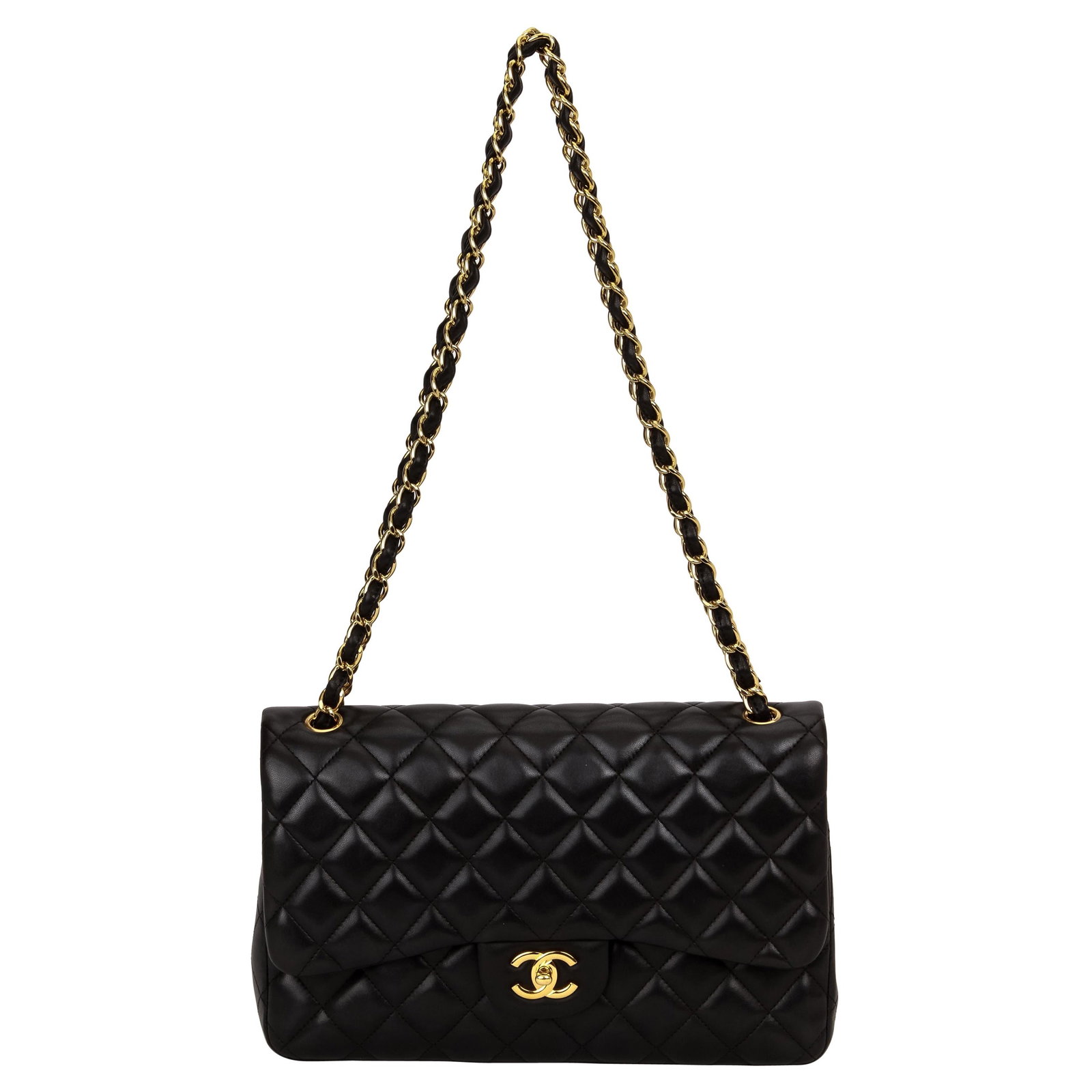 Chanel Black Lambskin Jumbo Double Flap Bag Gold Tone Collection 24: Chanel Black Lambskin Jumbo Double Flap Bag Gold Tone Collection 24 This exquisite Chanel Jumbo Double Flap Bag is crafted from luxurious black lambskin leather and features stunning gold tone hardwar