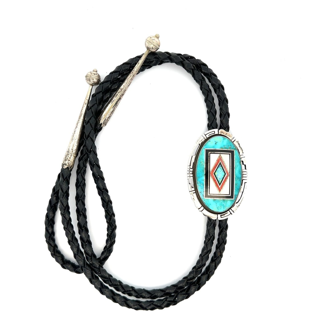 Sterling Silver Bolo Tie with Turquoise Opal Onyx Geometric Inlay: Sterling Silver Bolo Tie with Turquoise Opal Onyx Geometric Inlay This bolo tie features a geometric design crafted from sterling silver, showcasing a natural turquoise oval cabochon, a custom diamond