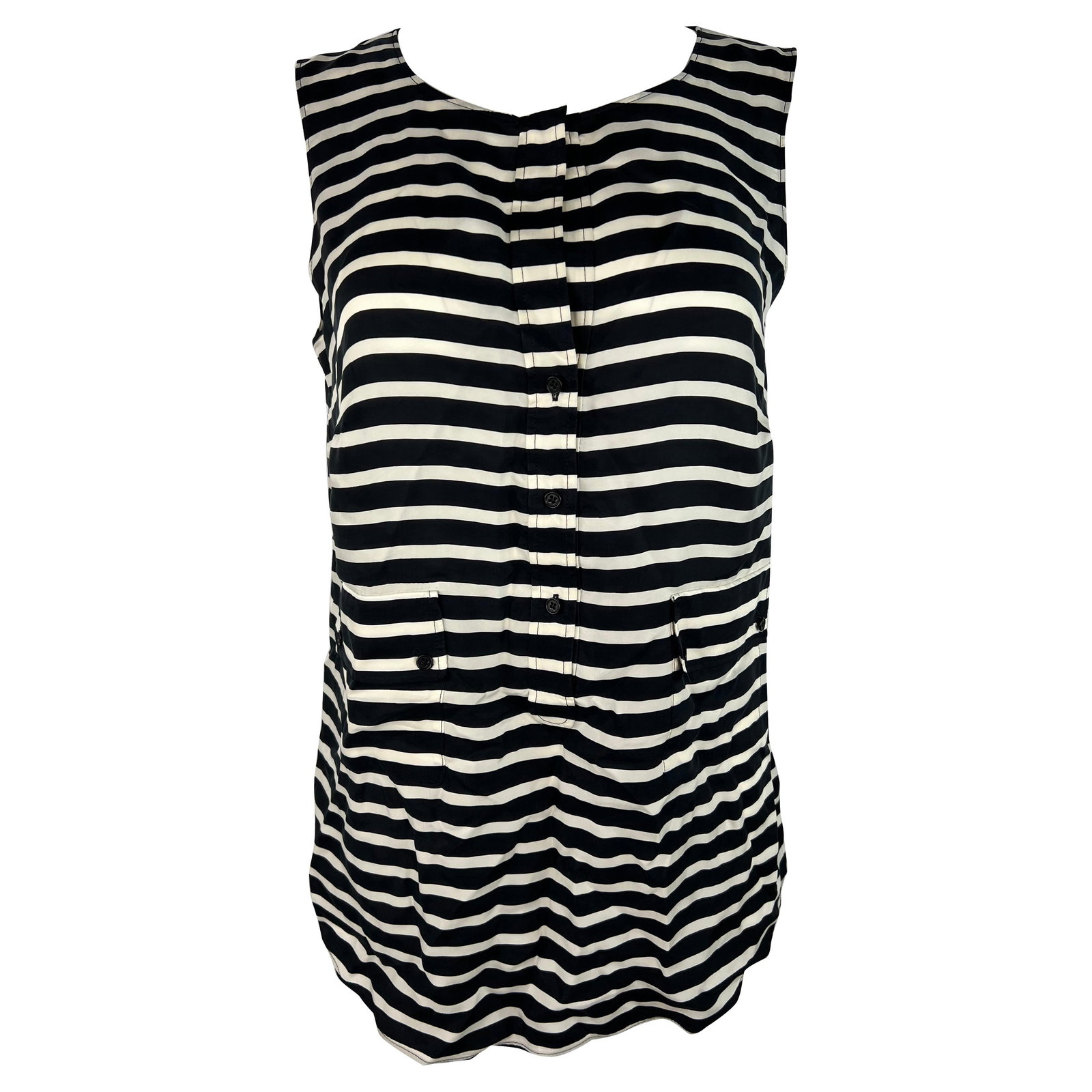 Saks Fifth Avenue Aris Punto striped shirt navy white: Saks Fifth Avenue Aris Punto striped shirt navy white A navy and white striped top with a front half-button closure and front dual pocket detail. The item is described as excellent condition and dates