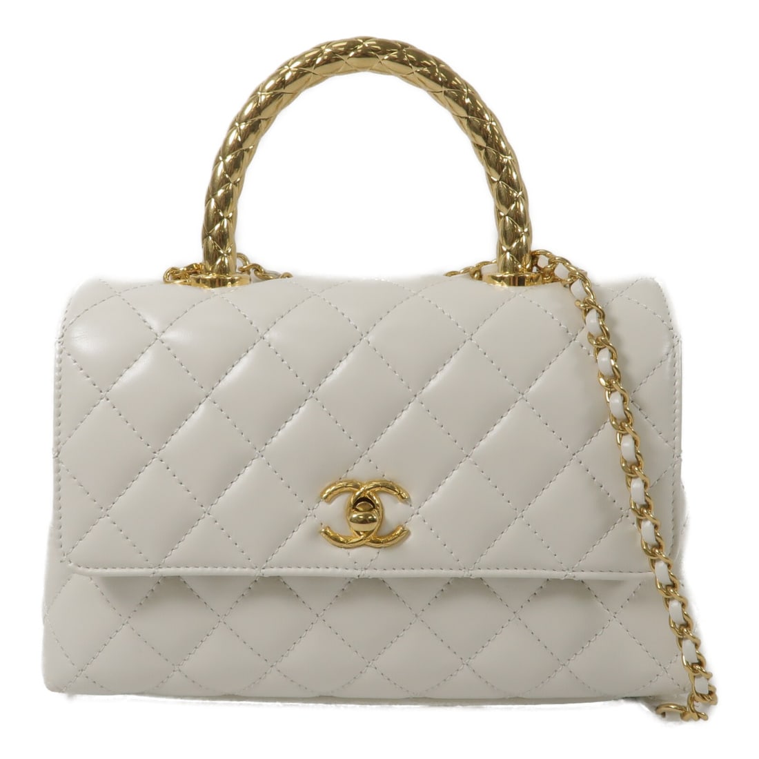 CHANEL A92990 Small Coco Handle 2way Shoulder Bag White Calfskin: CHANEL A92990 Small Coco Handle 2way Shoulder Bag White Calfskin This CHANEL CoCo Handle Small Chain Shoulder Bag is crafted from calfskin (cowhide) leather in white. It features a 2-way shoulder bag 