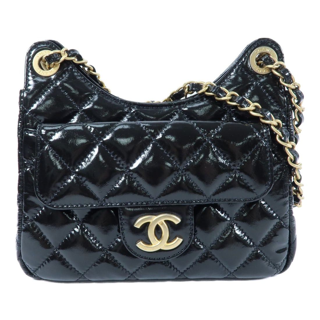 CHANEL AS4323 Wavy CC Hobo Shoulder Bag Black Patent Leather: CHANEL AS4323 Wavy CC Hobo Shoulder Bag Black Patent Leather CHANEL CC GHW Wavy CC Hobo Chain Shoulder Bag AS4323 in black patent leather. It features a hobo shoulder bag style with a chain shoulder s