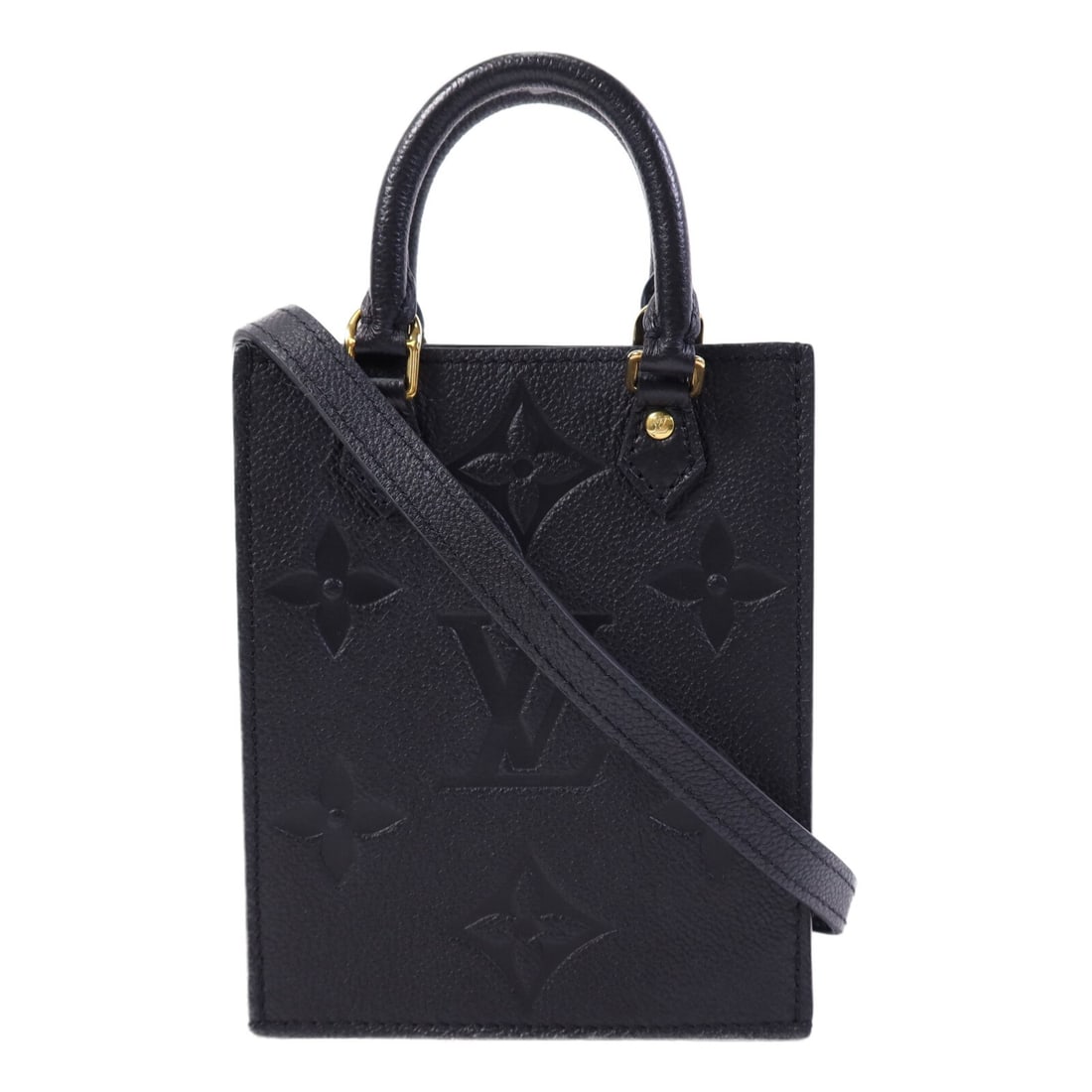 Louis Vuitton Petit Sac Plat M81417 Black Monogram Empreinte Shoulder Bag: Louis Vuitton Petit Sac Plat M81417 Black Monogram Empreinte Shoulder Bag A Louis Vuitton Petit Sac Plat bag in black Monogram Empreinte and calfskin (cowhide), designed as a 2-way shoulder bag. It fe