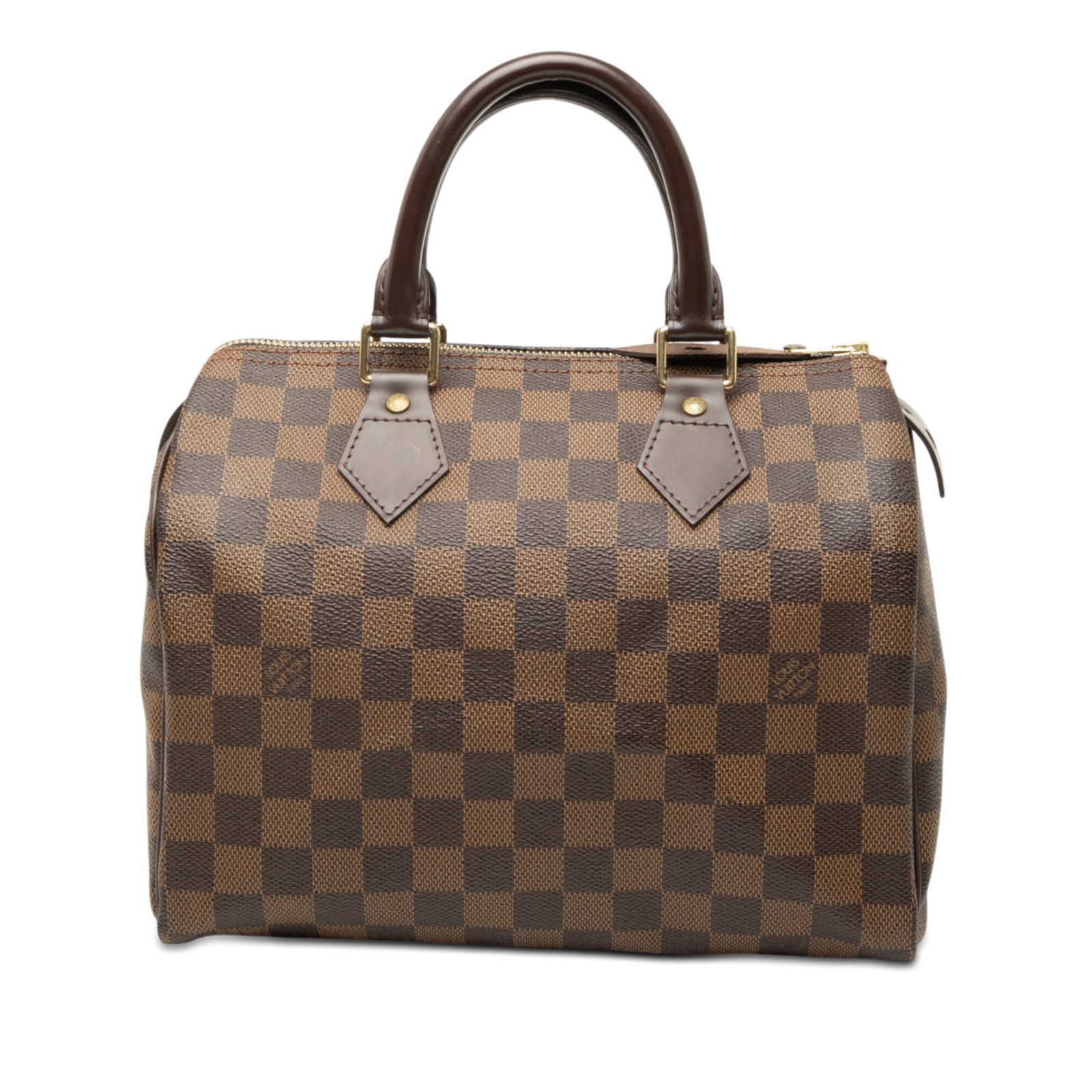 Louis Vuitton Speedy 25 Damier Ebene Brown Handbag: Louis Vuitton Speedy 25 Damier Ebene Brown Handbag Louis Vuitton Speedy 25 in Damier Ebene with a canvas body, rolled leather handles, a top zip closure, and an interior pocket. Made in France. Condit