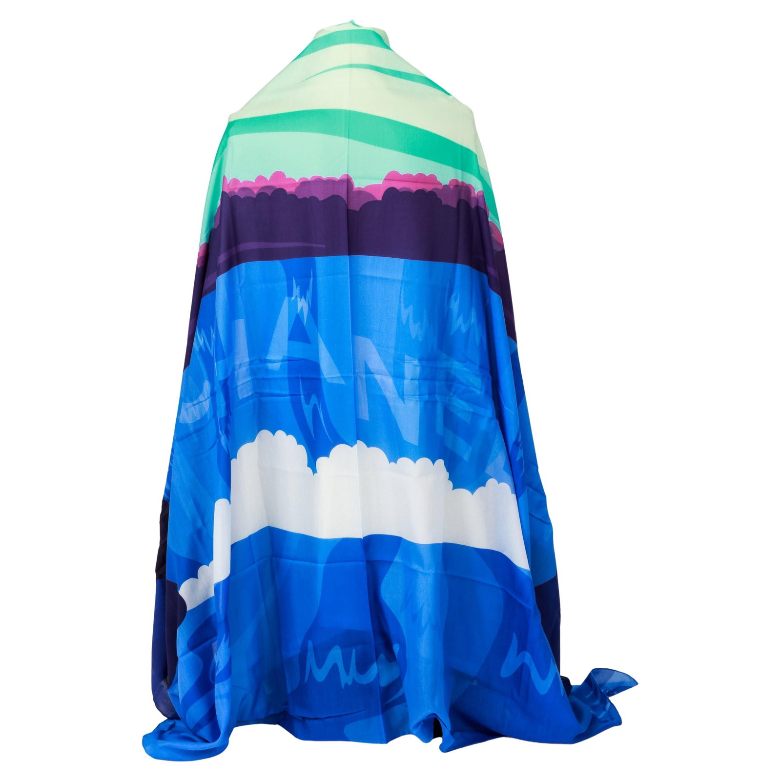 Chanel Blue Clouds Oversized Sarong 76in with Pouch: Chanel Blue Clouds Oversized Sarong 76in with Pouch Elevate your style with this exquisite Chanel Blue Clouds Sarong. This brand new, oversized sarong features a stunning design of blue clouds set aga