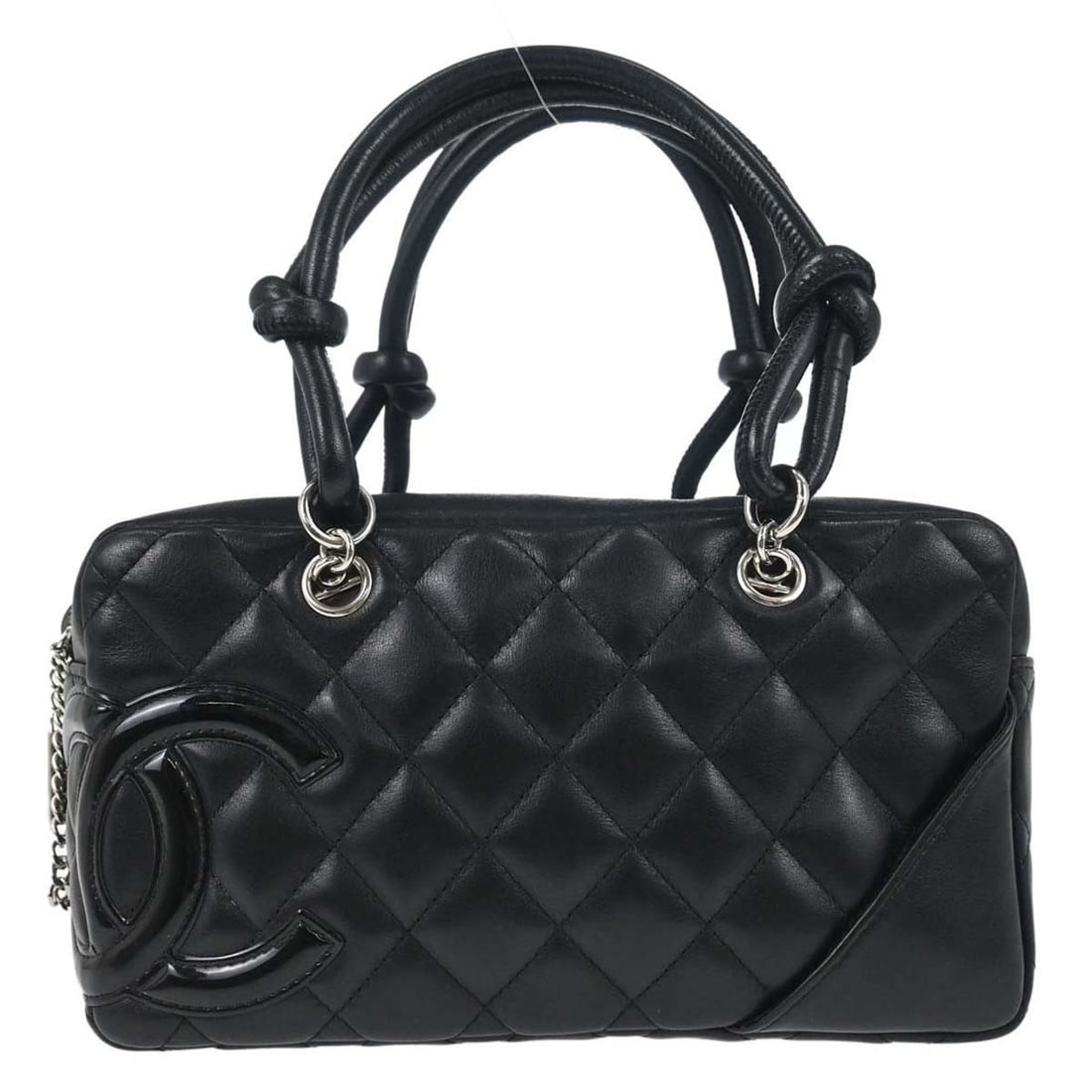 CHANEL Cambon Ligne mini top handle bag in black calfskin: CHANEL Cambon Ligne mini top handle bag in black calfskin Chanel Cambon Ligne mini top handle handbag in black calfskin leather with quilted logo accents and a pink canvas lining. This women's handbag
