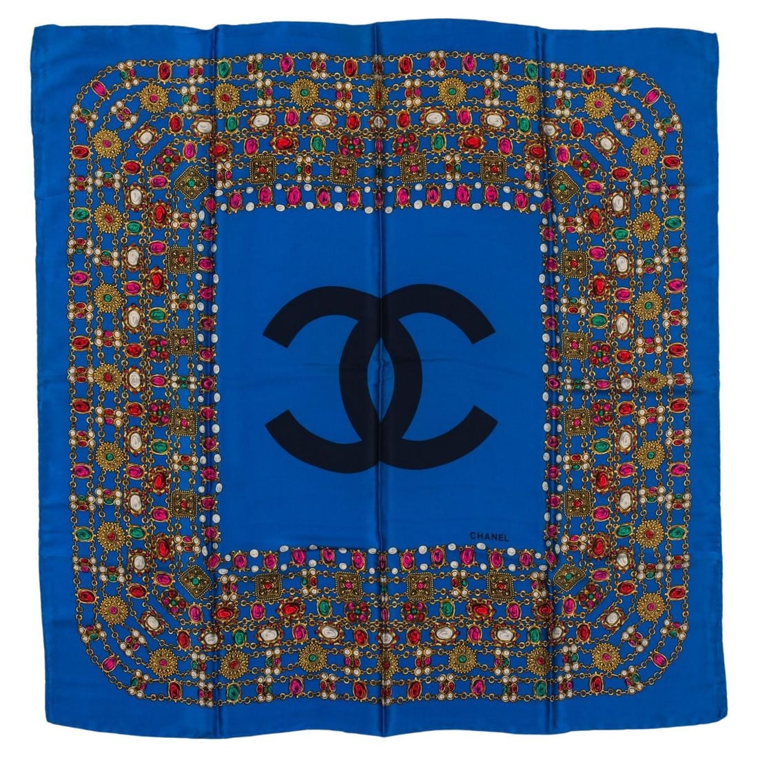 Chanel Vintage Blue Gripoix Jewelry Scarf 35 in: Chanel Vintage Blue Gripoix Jewelry Scarf 35 in This exquisite Chanel Vintage Gripoix Jewelry Scarf features a stunning vibrant blue design adorned with the iconic CC logo at its center, surrounded by