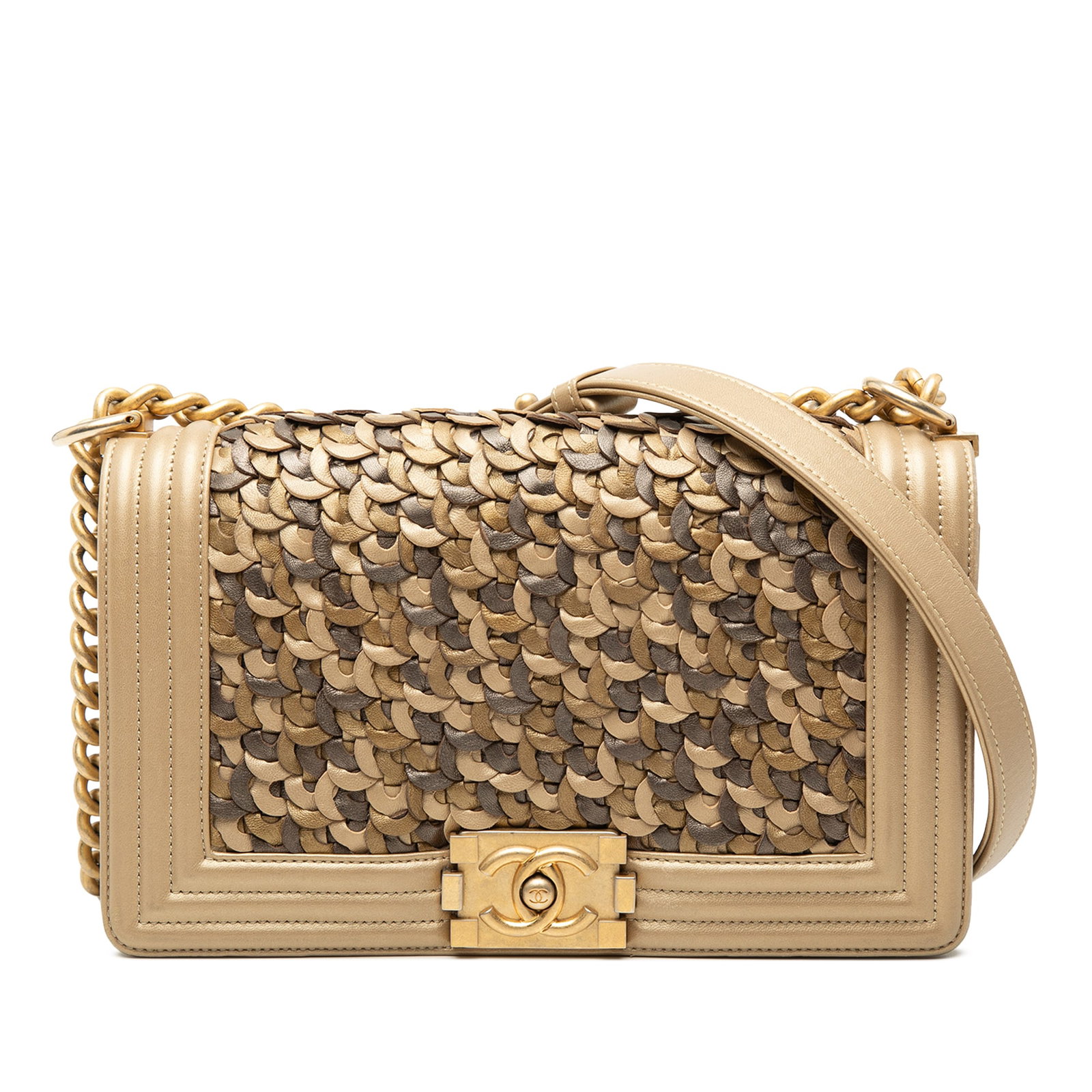 Chanel Boy Flap Old Medium metallic lambskin braided bag: Chanel Boy Flap Old Medium metallic lambskin braided bag Chanel Old Medium Boy Flap crafted in braided metallic lambskin leather with a front push-lock closure and an adjustable gold-tone curb chain l