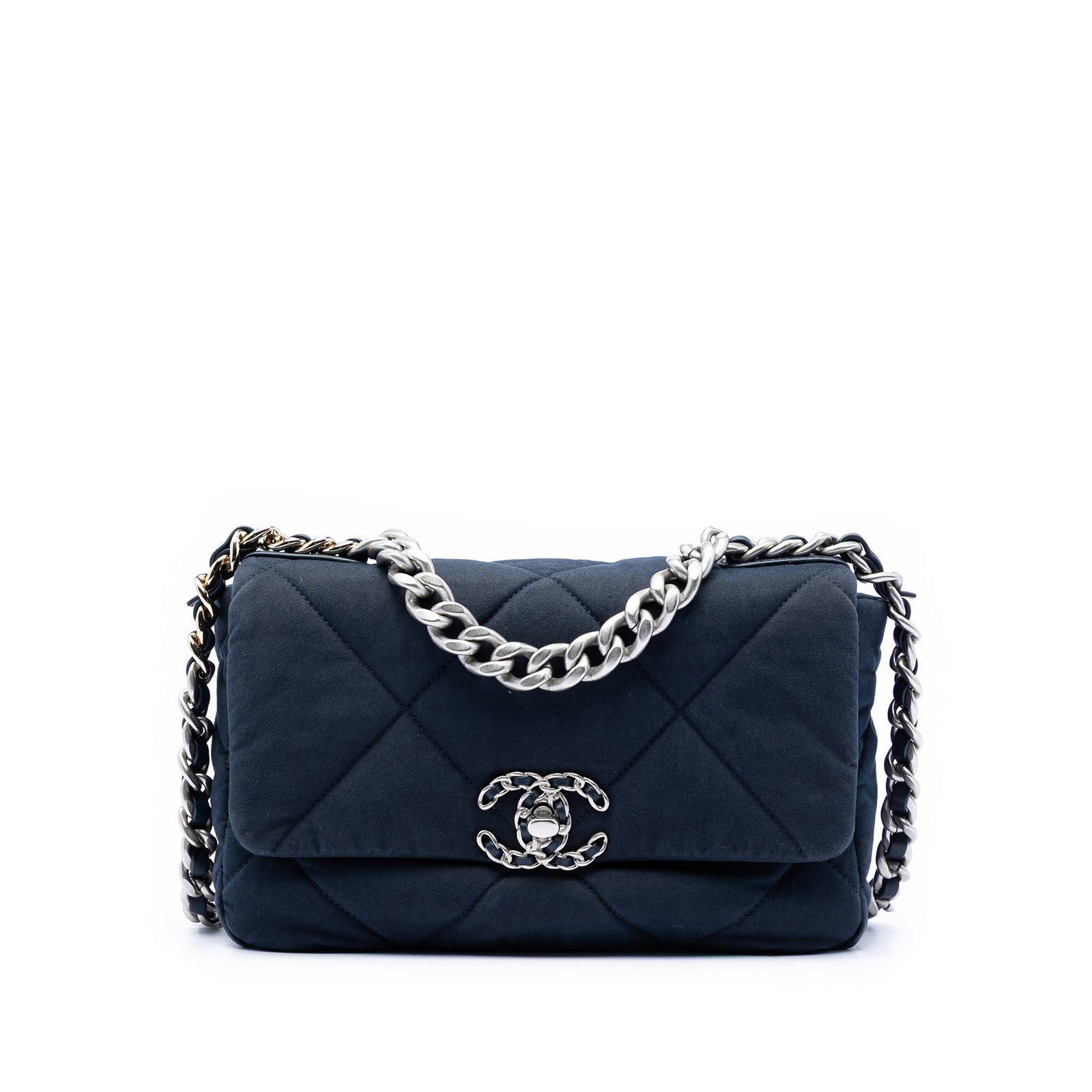 Chanel 19 Flap Medium Blue Quilted Jersey Shoulder Bag: Chanel 19 Flap Medium Blue Quilted Jersey Shoulder Bag Medium Chanel 19 flap bag in blue quilted jersey with a chain-link handle, leather-woven shoulder strap, front flap with interlocking Cs and twis