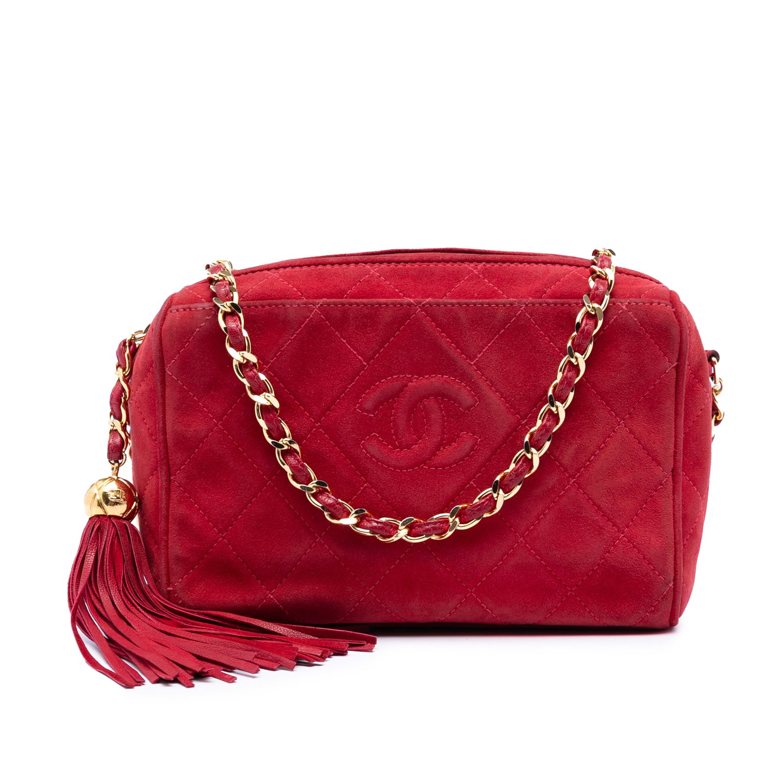 Chanel CC Diamond Camera Crossbody Bag in Red Quilted Suede: Chanel CC Diamond Camera Crossbody Bag in Red Quilted Suede Chanel CC Quilted Suede Tassel Diamond Camera Bag in red suede leather with a quilted design and tassel detail. This crossbody style feature