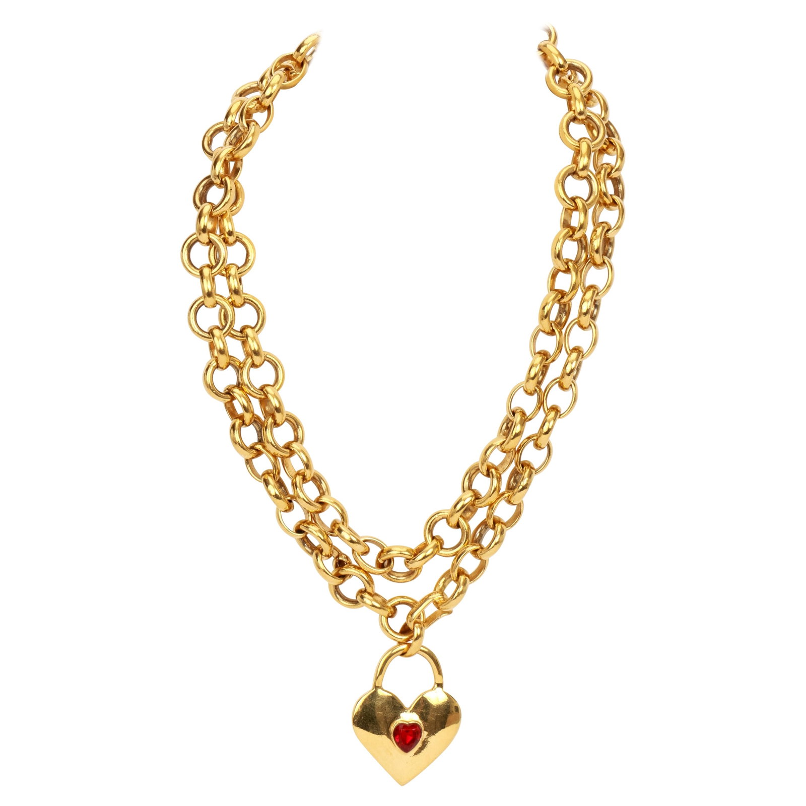 Chanel vintage gold charm belt necklace with red Gripoix heart: Chanel vintage gold charm belt necklace with red Gripoix heart Vintage Chanel gold heart charm belt necklace from the 1970s, featuring a heart charm with a red heart-shaped poured glass Gripoix center