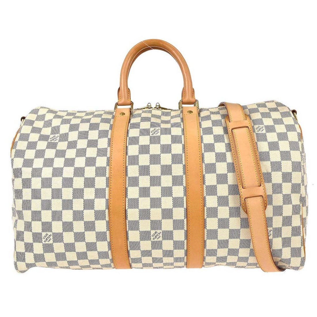 Louis Vuitton Keepall Bandouliere 45 Damier Azur duffle with strap: Louis Vuitton Keepall Bandouliere 45 Damier Azur duffle with strap Vintage Louis Vuitton Keepall Bandouliere 45 duffle bag in Damier Azur canvas with leather trim and double handles. This medium zip-t