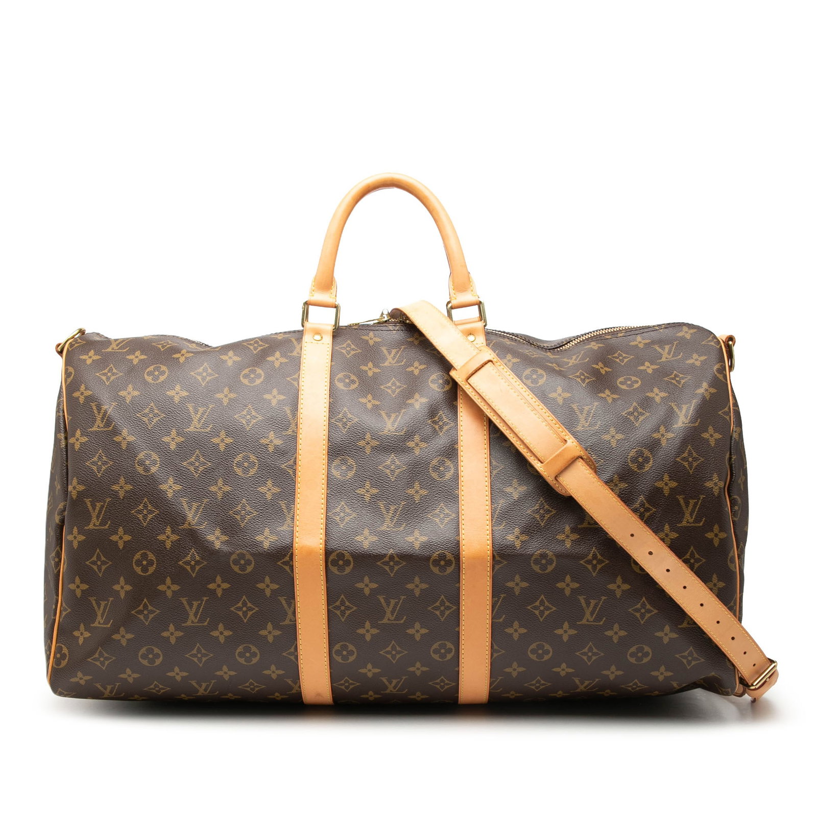 Louis Vuitton Keepall Bandouliere 55 Monogram Duffle Bag: Louis Vuitton Keepall Bandouliere 55 Monogram Duffle Bag Louis Vuitton Monogram Keepall Bandouliere 55 travel bag crafted with a monogram canvas body, rolled vachetta leather handles, a detachable fla