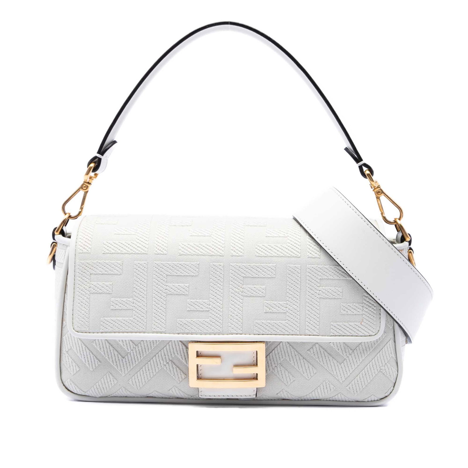 Fendi Zucca Baguette Satchel in Embroidered Canvas: Fendi Zucca Baguette Satchel in Embroidered Canvas Fendi Zucca Baguette satchel crafted with an embroidered canvas body and leather trim. It features a detachable leather top handle, a detachable canv
