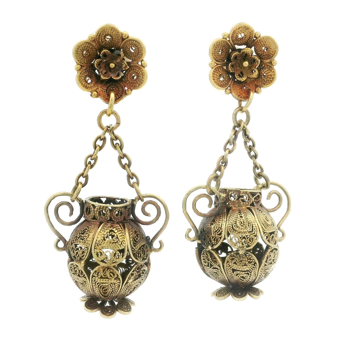 Vintage Etruscan Revival 14k Gold Filigree Dangle Earrings: Vintage Etruscan Revival 14k Gold Filigree Dangle Earrings These stunning vintage Etruscan Revival earrings feature intricate 14k yellow gold filigree wire work in a vase dangle drop design. Crafted f